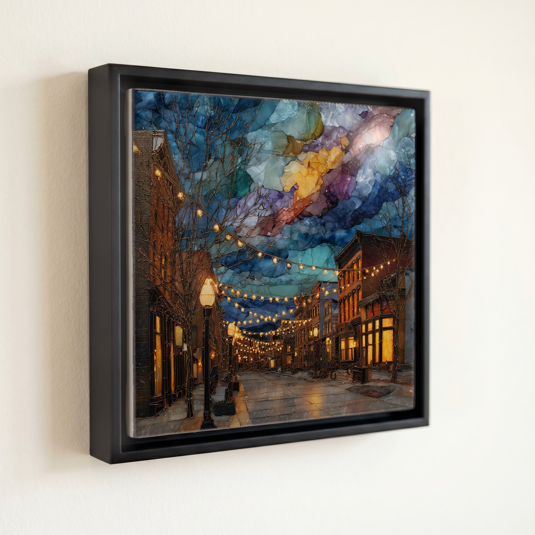 shown in a slim black floating frame · 6 × 6 in