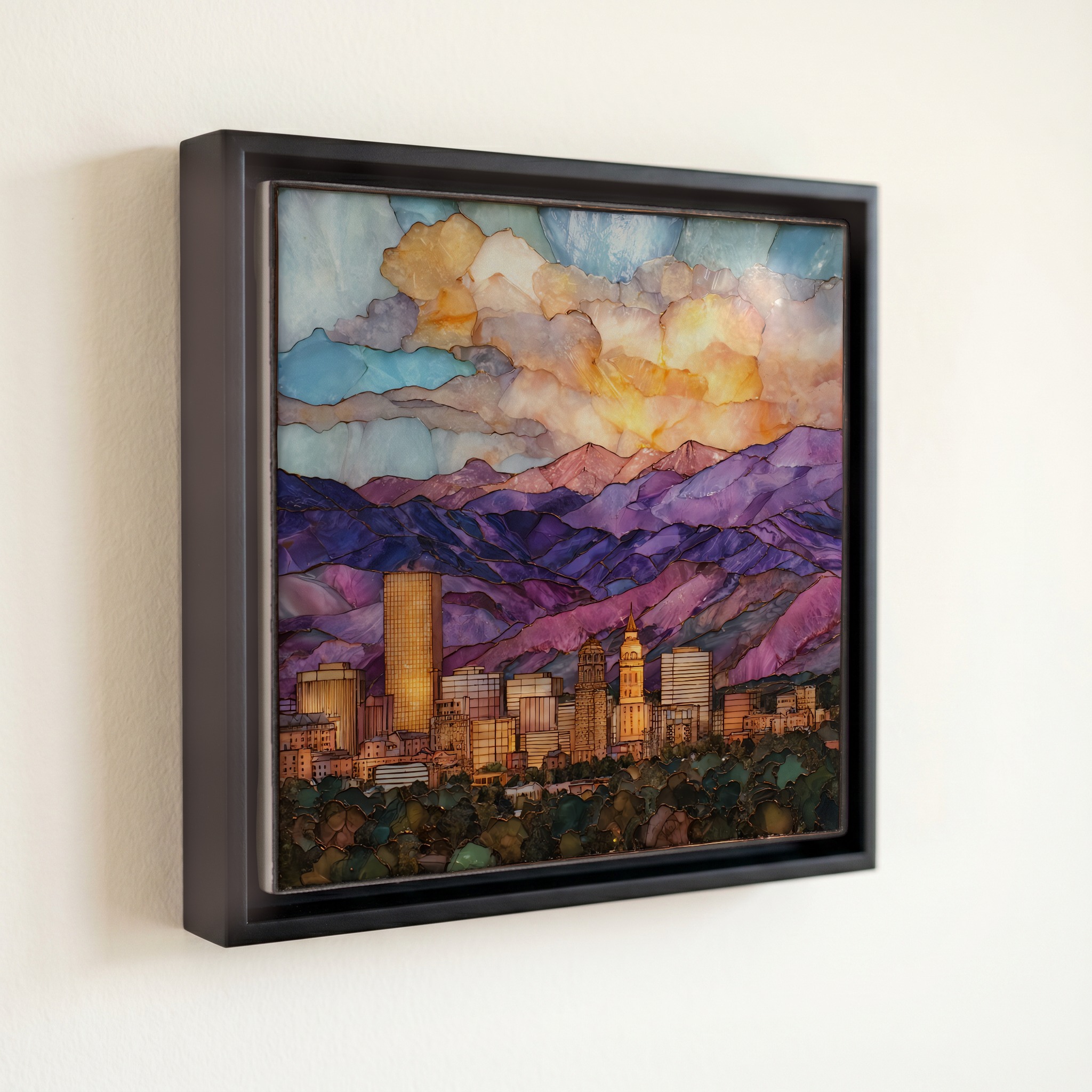 shown in a slim black floating frame · 6 × 6 in