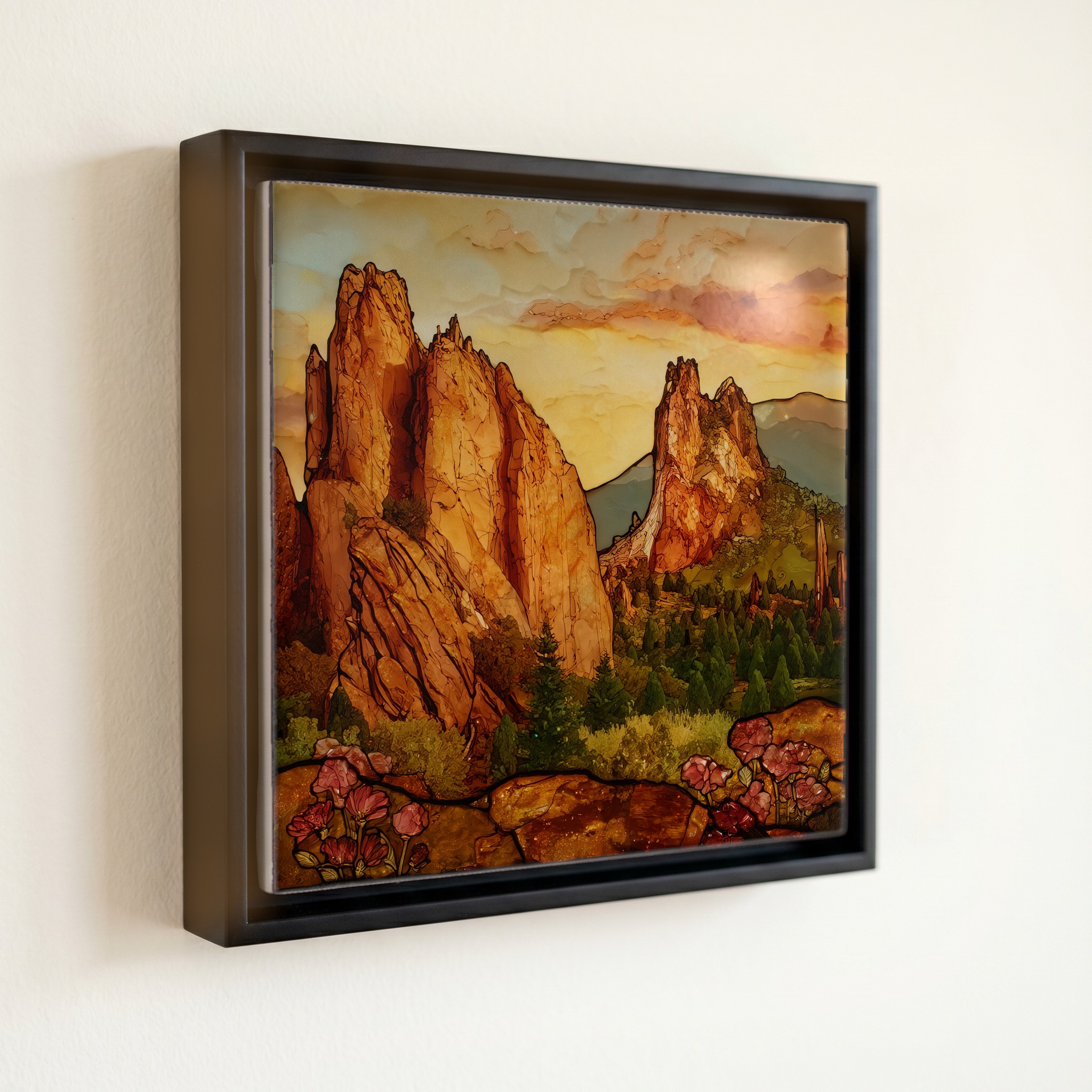 shown in a slim black floating frame · 6 × 6 in