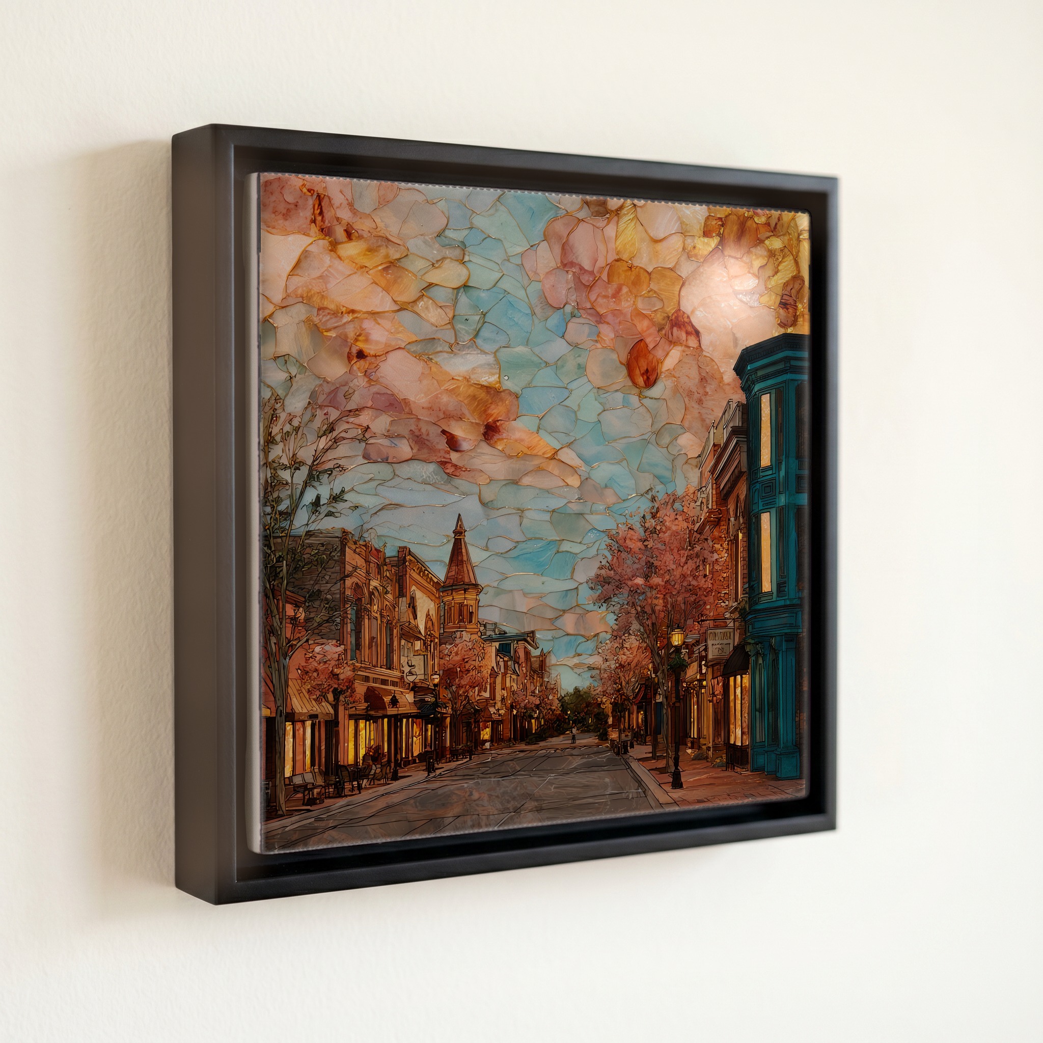 shown in a slim black floating frame · 6 × 6 in