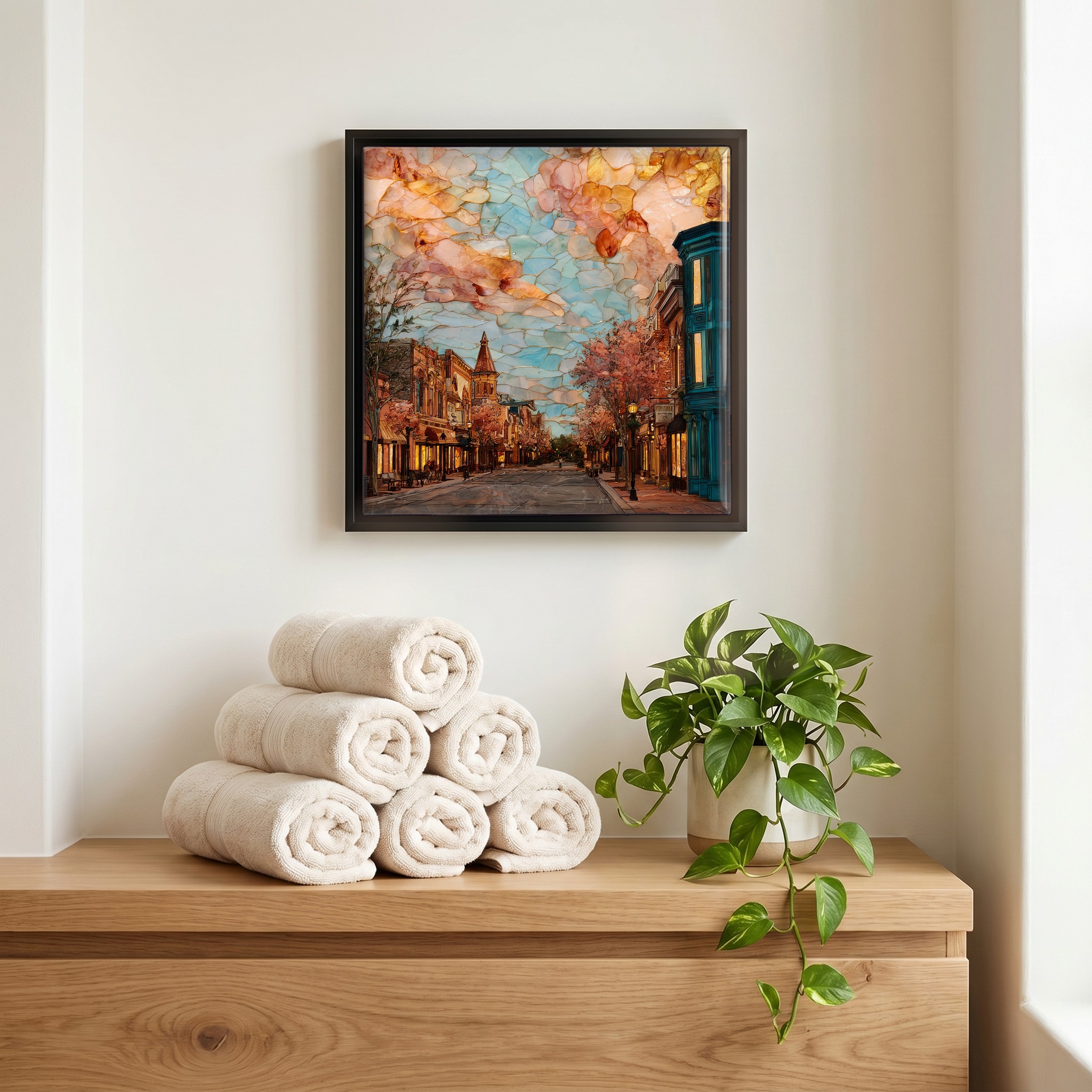 Above the linens, in a slim black surround.