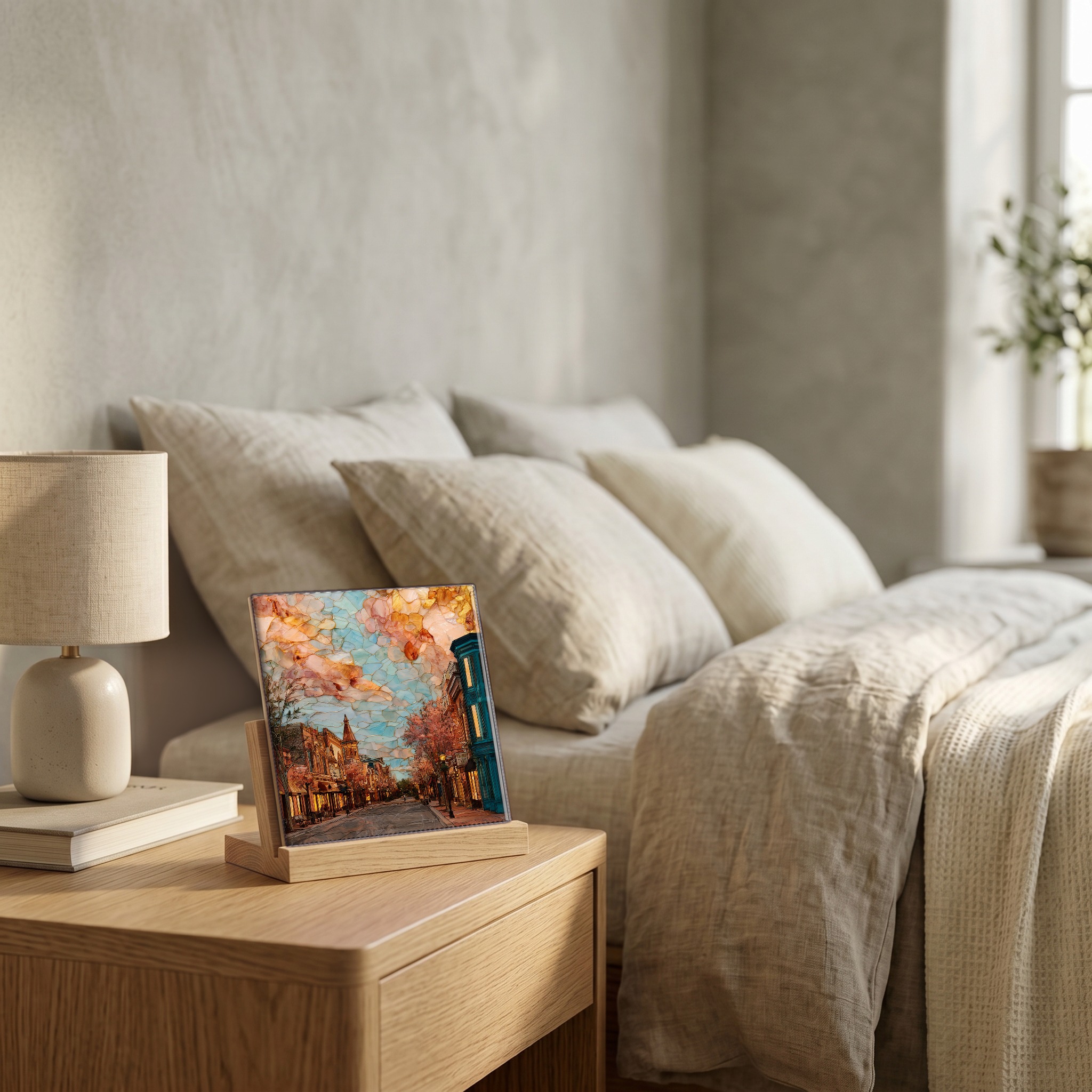 On the nightstand, on a light oak stand.
