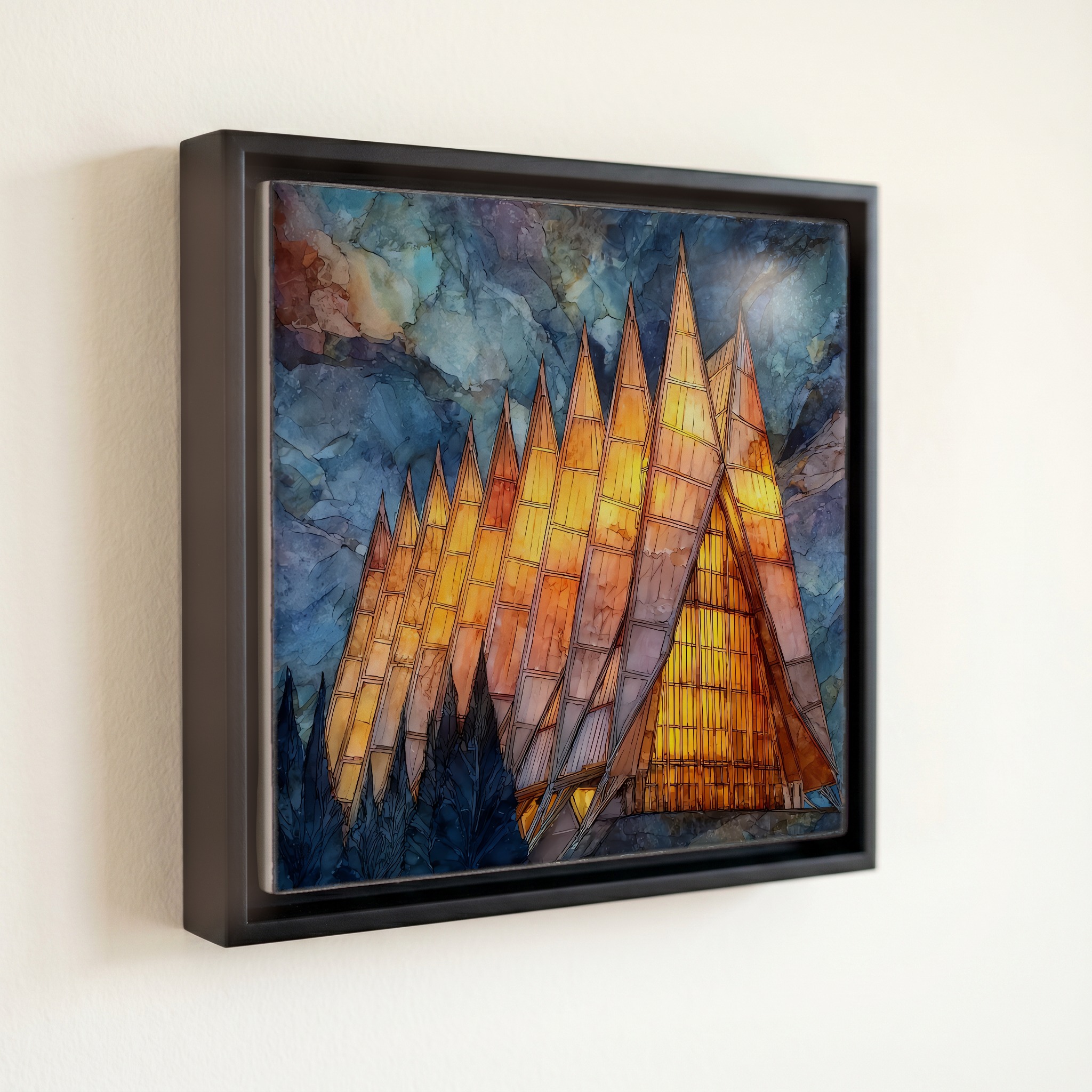 shown in a slim black floating frame · 6 × 6 in