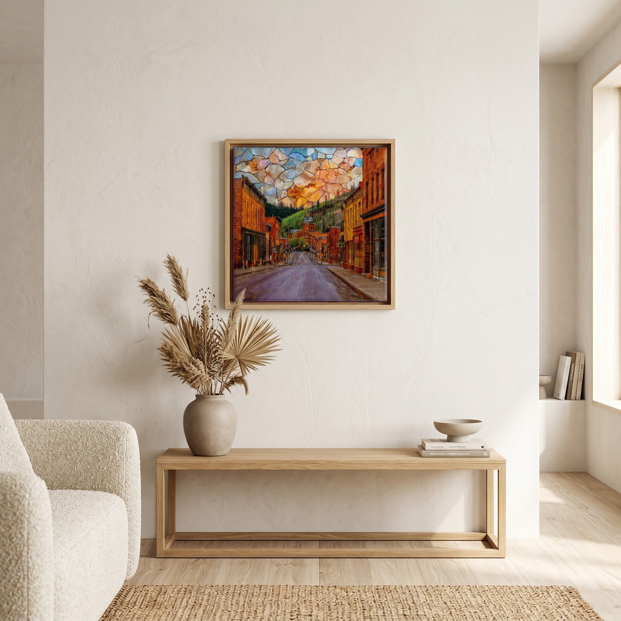 Above the bench, in a warm oak surround.