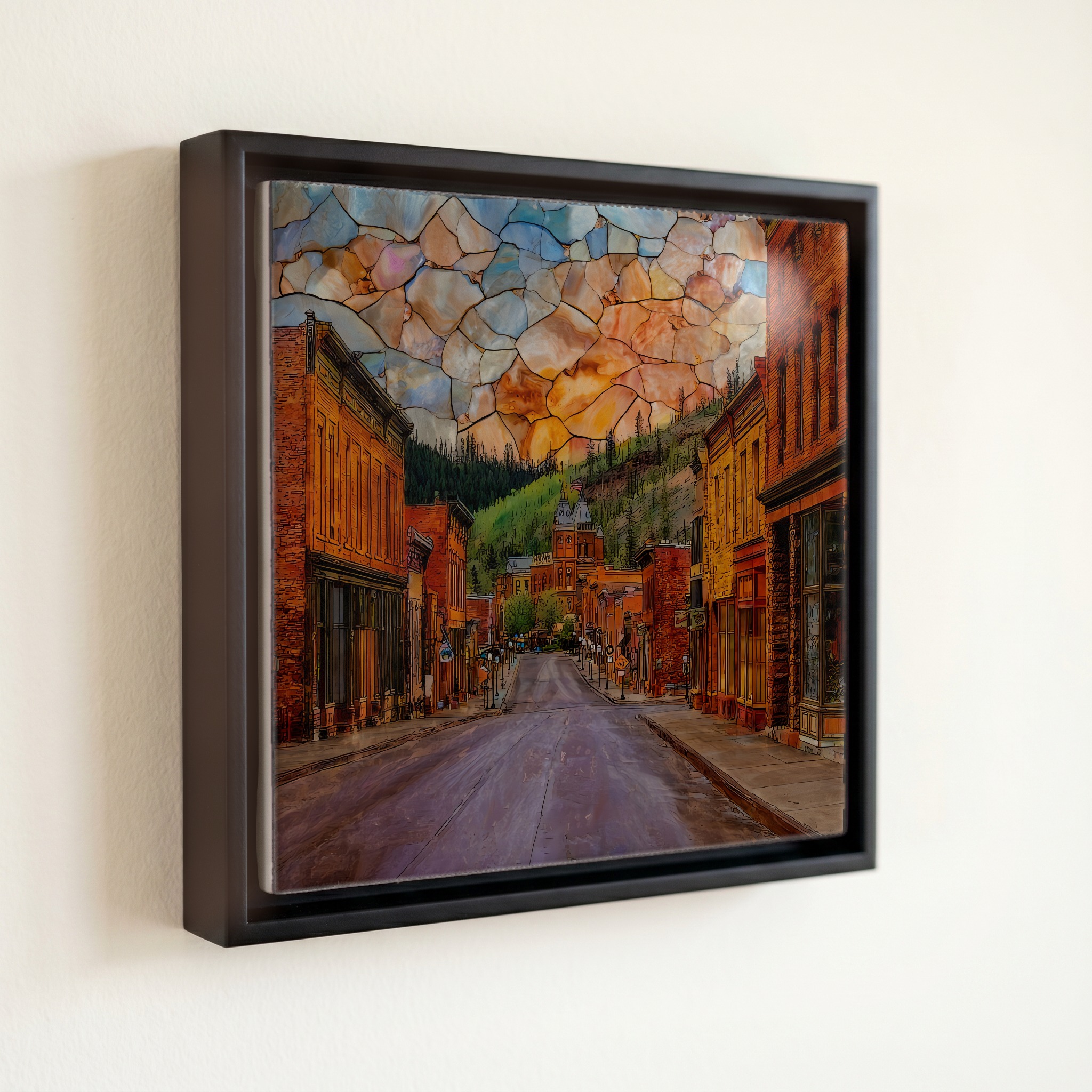 shown in a slim black floating frame · 6 × 6 in