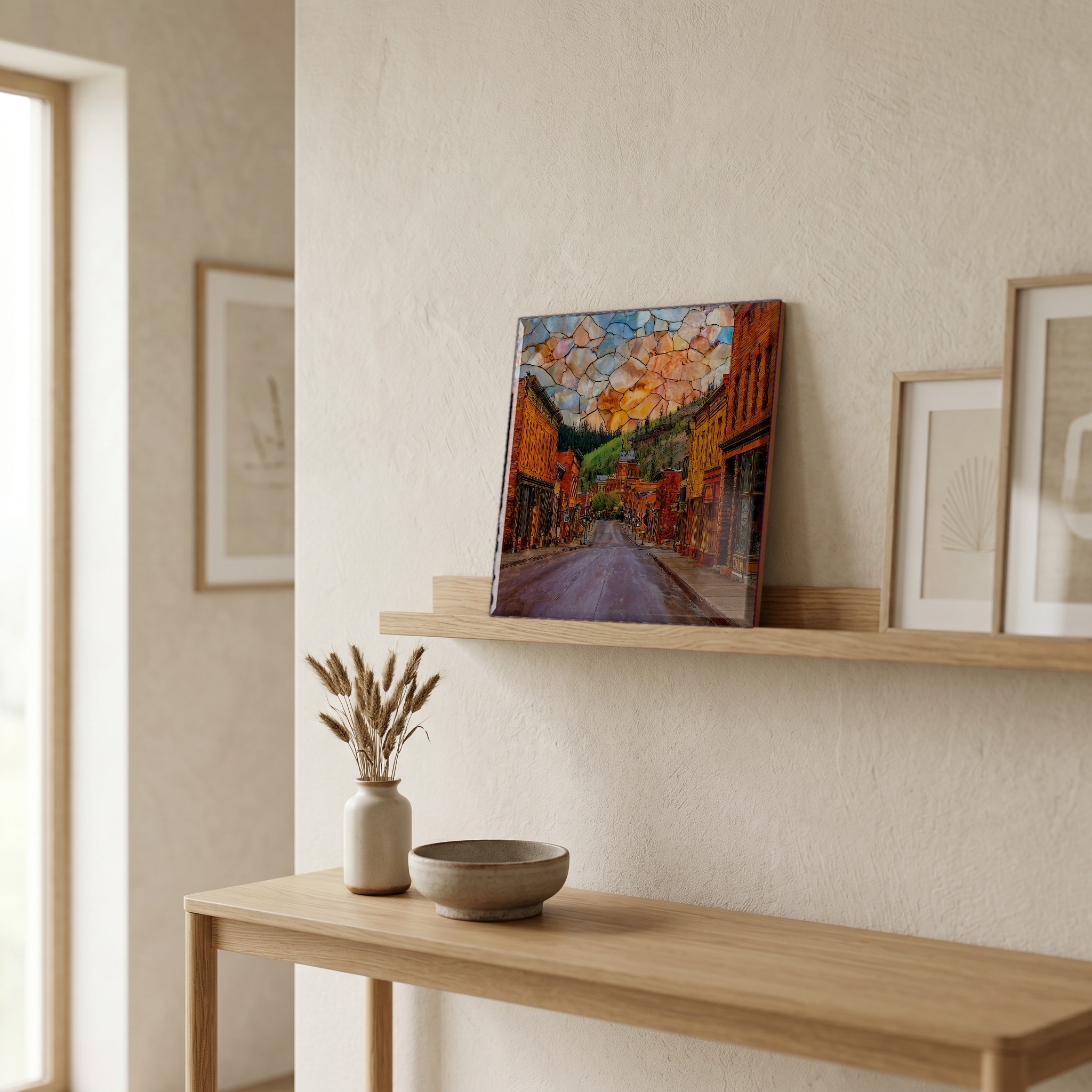 On a picture ledge, where the light comes in.