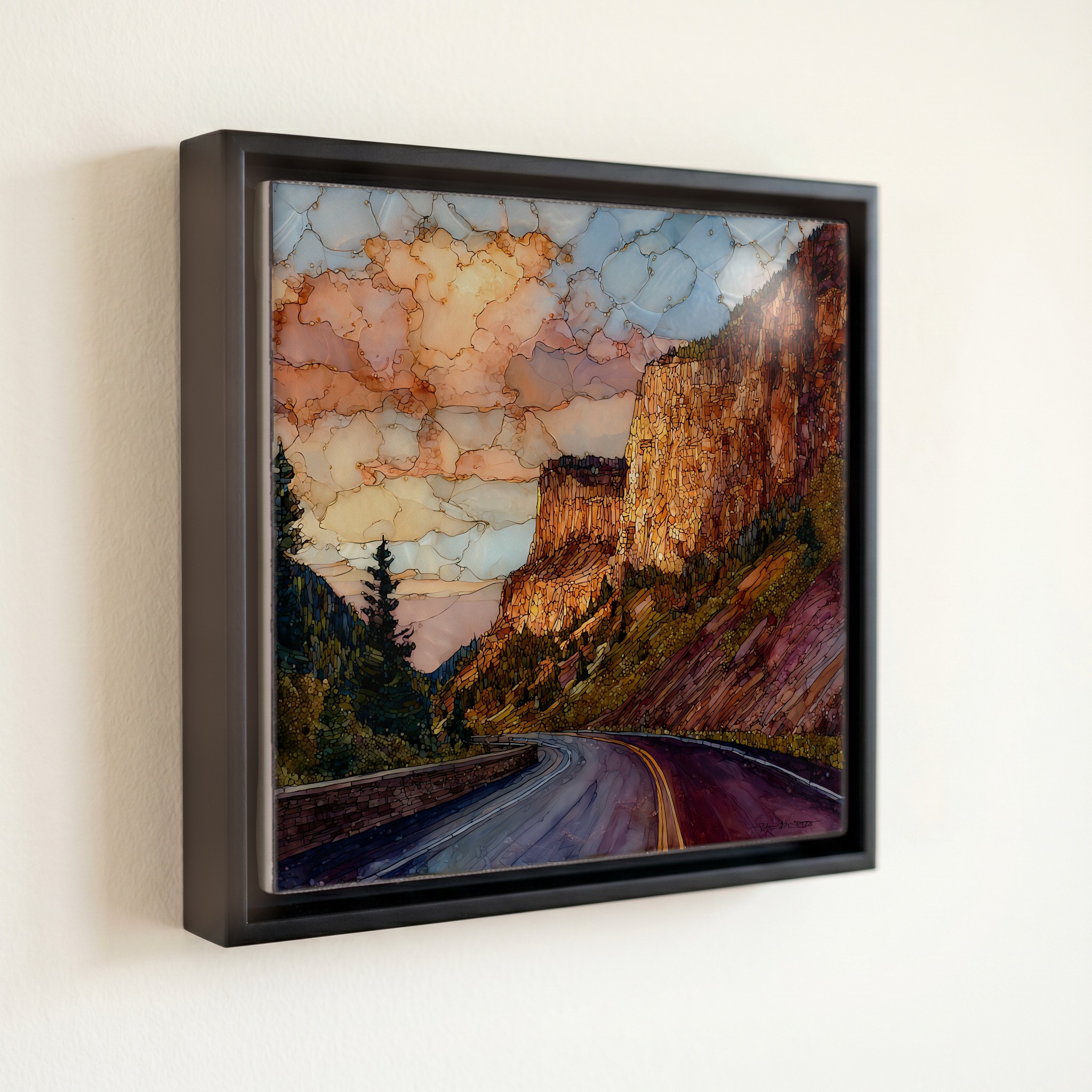 shown in a slim black floating frame · 6 × 6 in