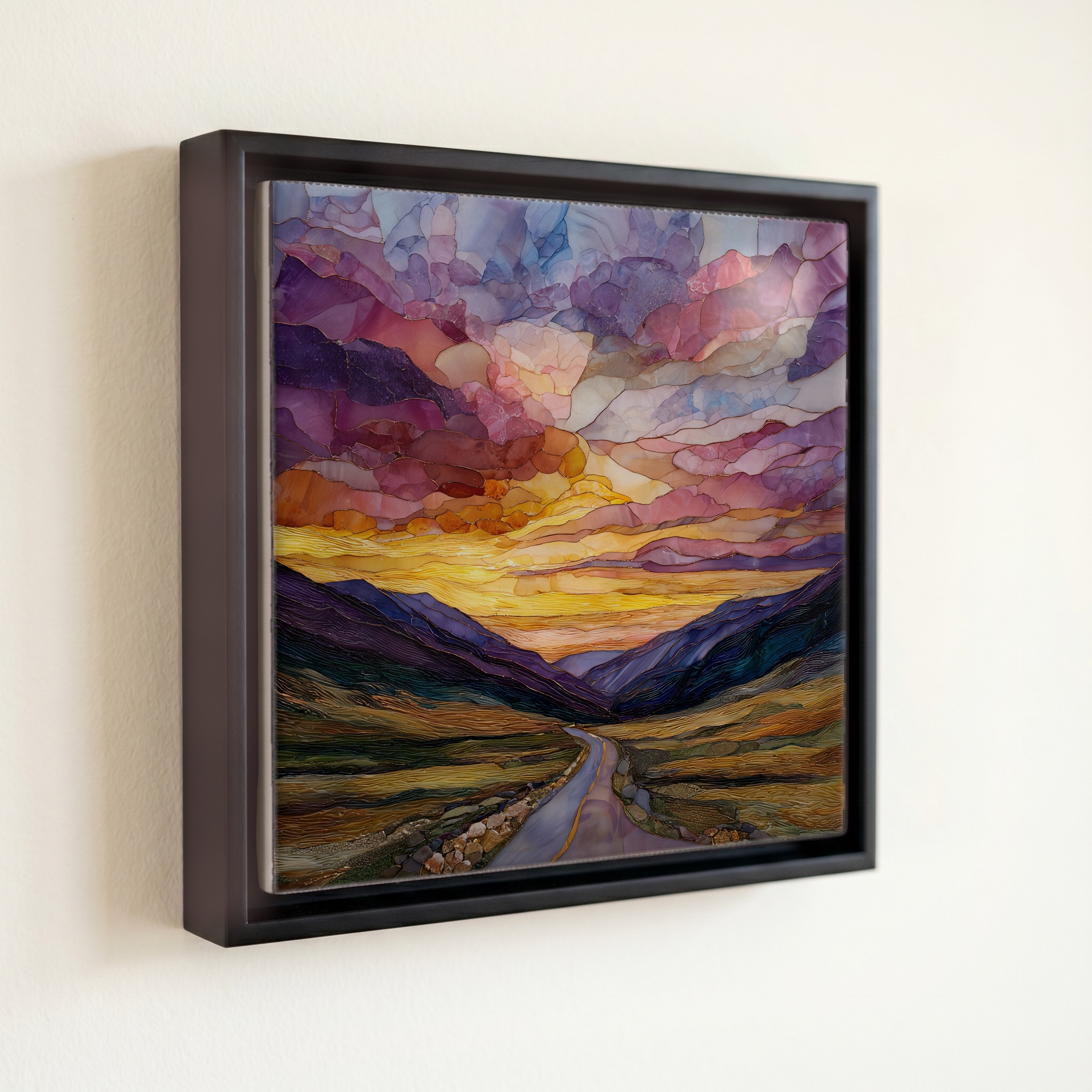 shown in a slim black floating frame · 6 × 6 in