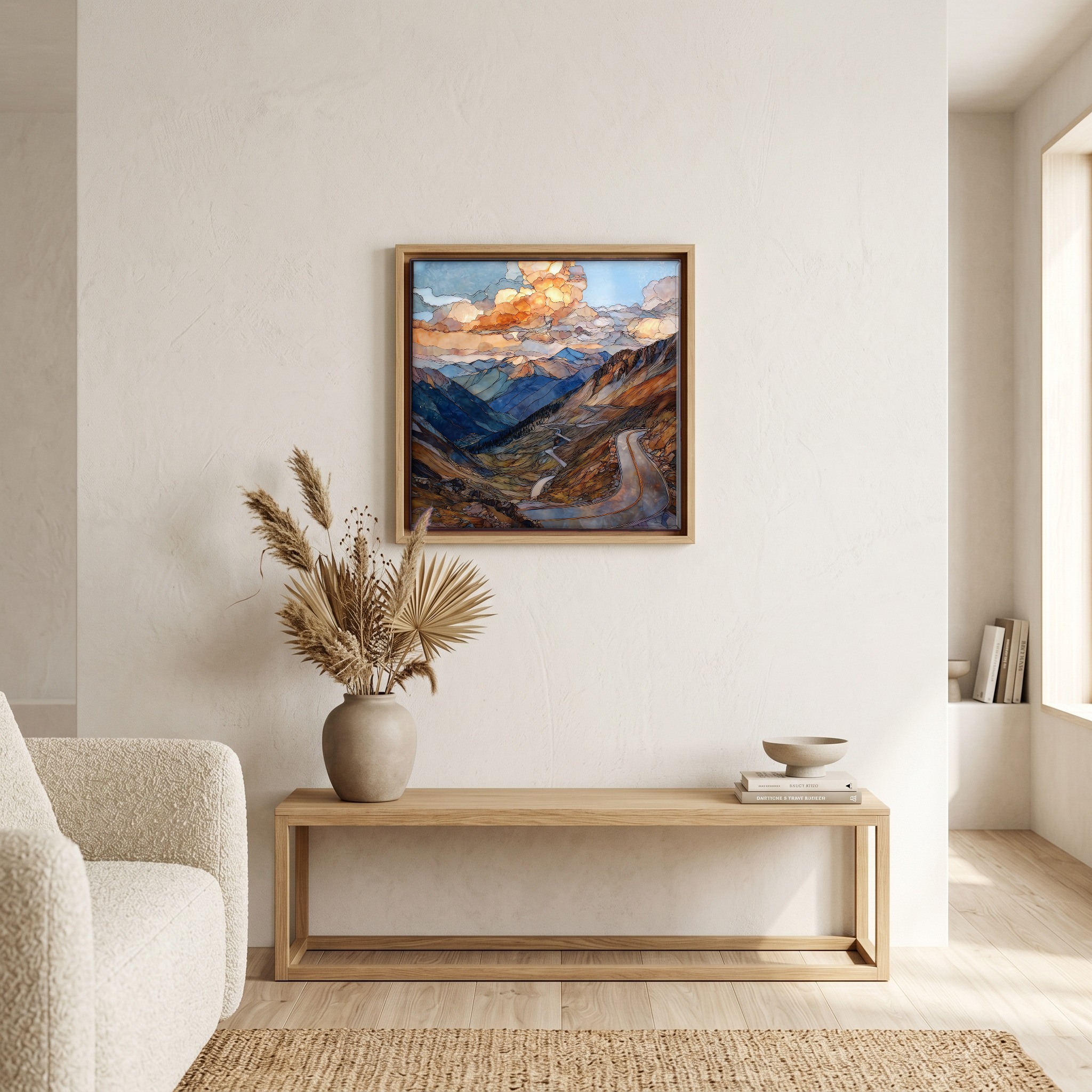Above the bench, in a warm oak surround.