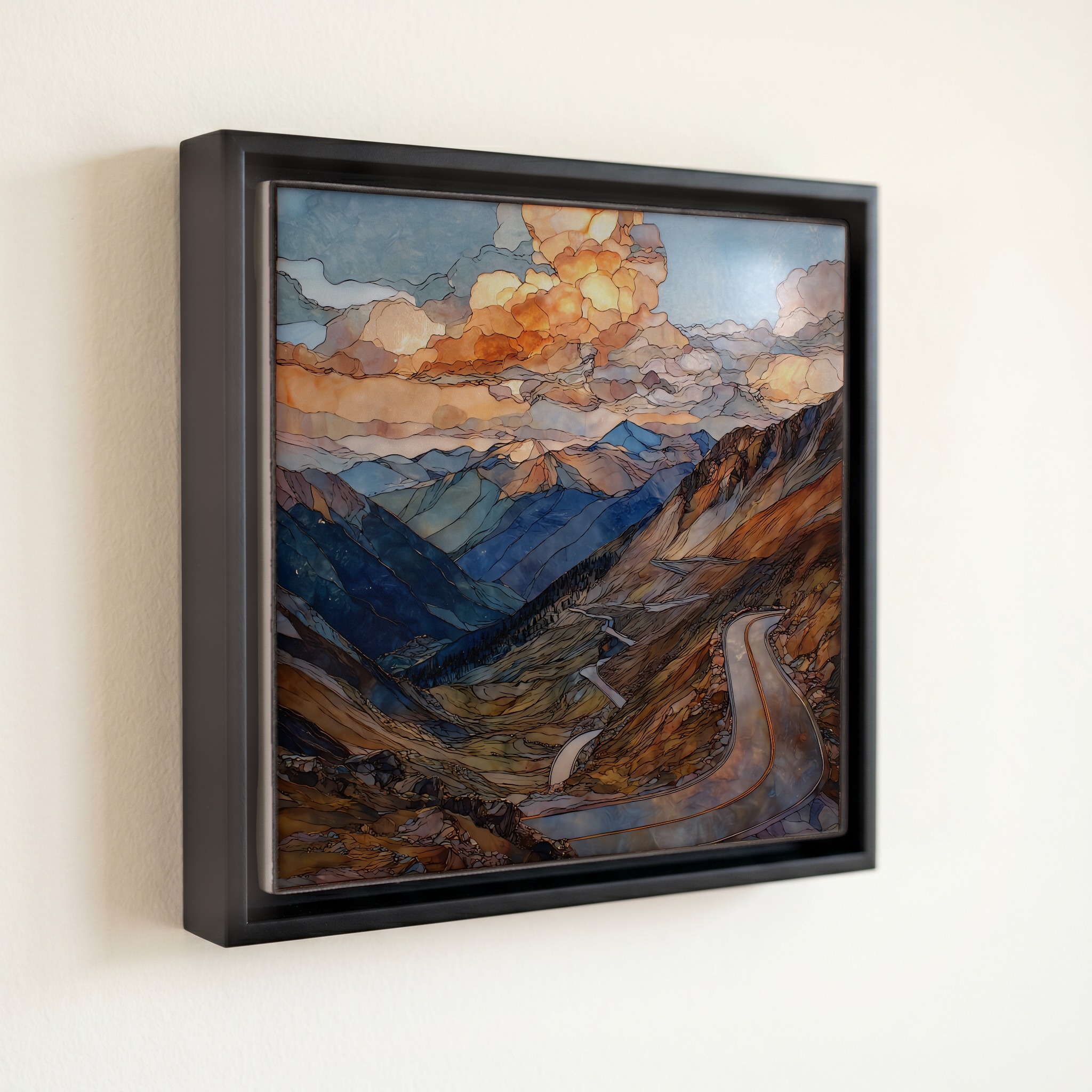 shown in a slim black floating frame · 6 × 6 in