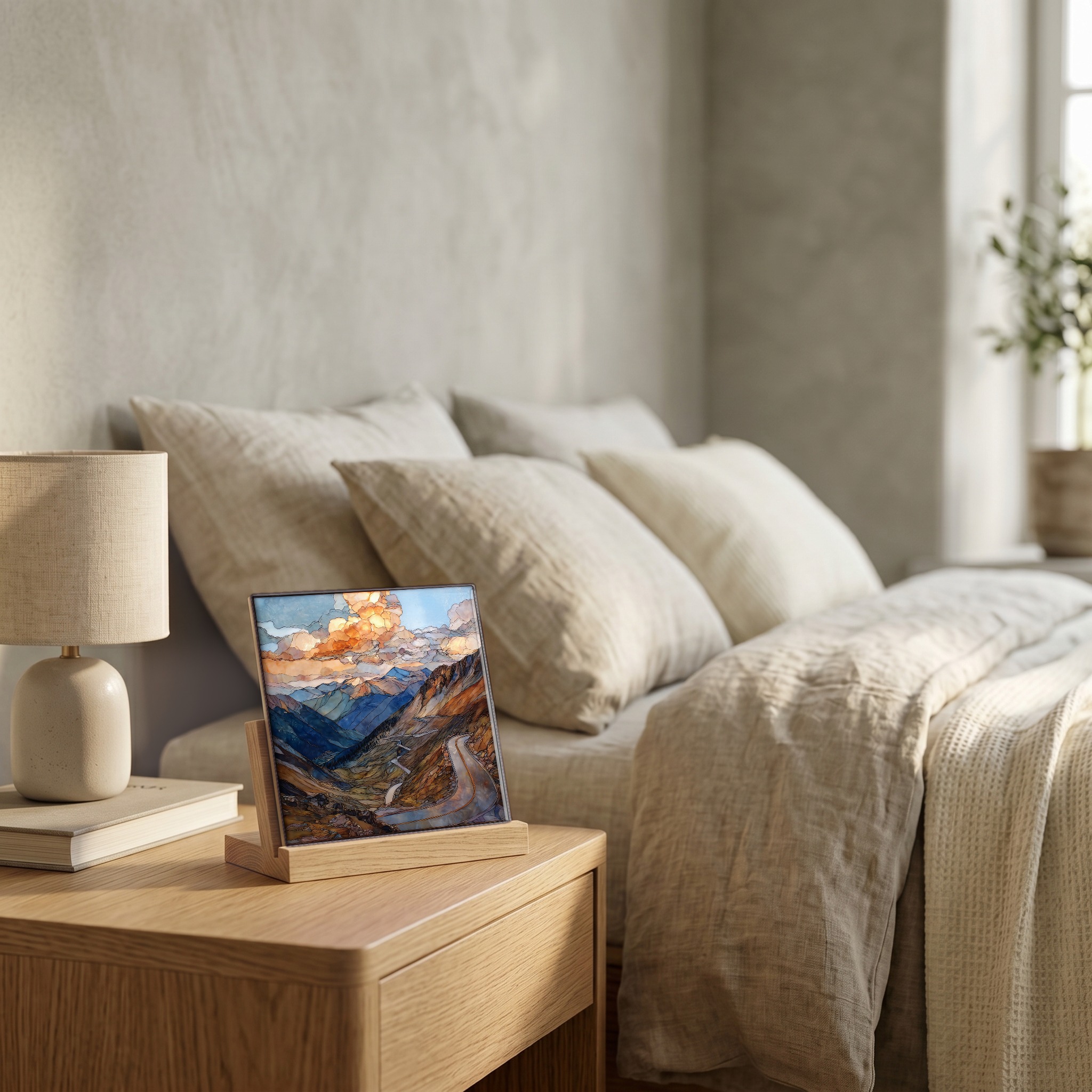 On the nightstand, on a light oak stand.