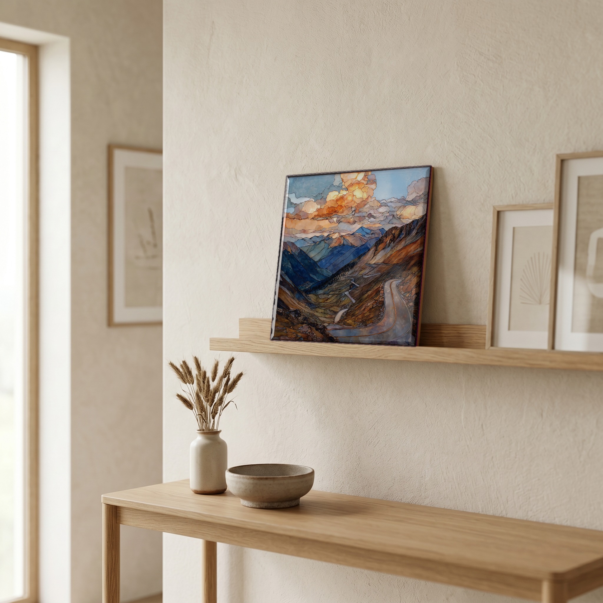 On a picture ledge, where the light comes in.