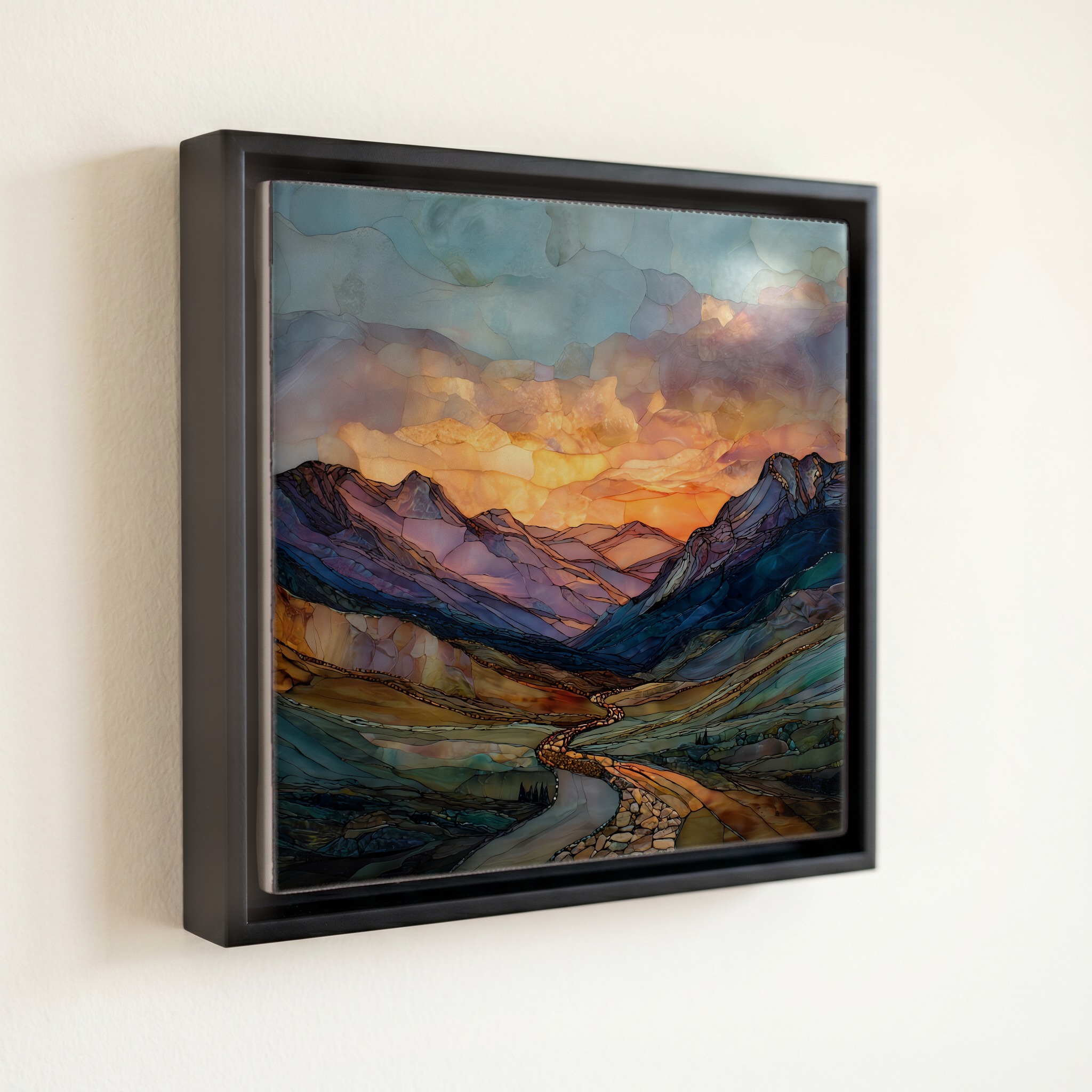 shown in a slim black floating frame · 6 × 6 in