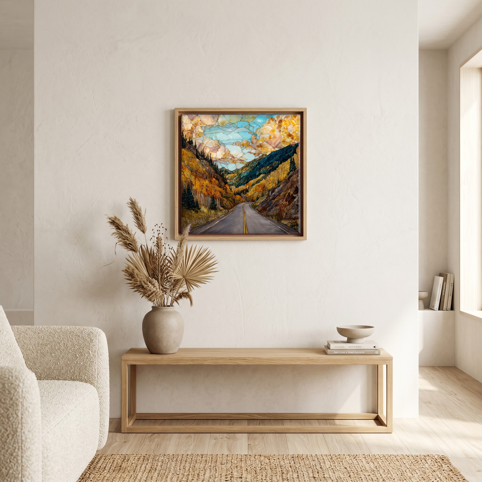 Above the bench, in a warm oak surround.