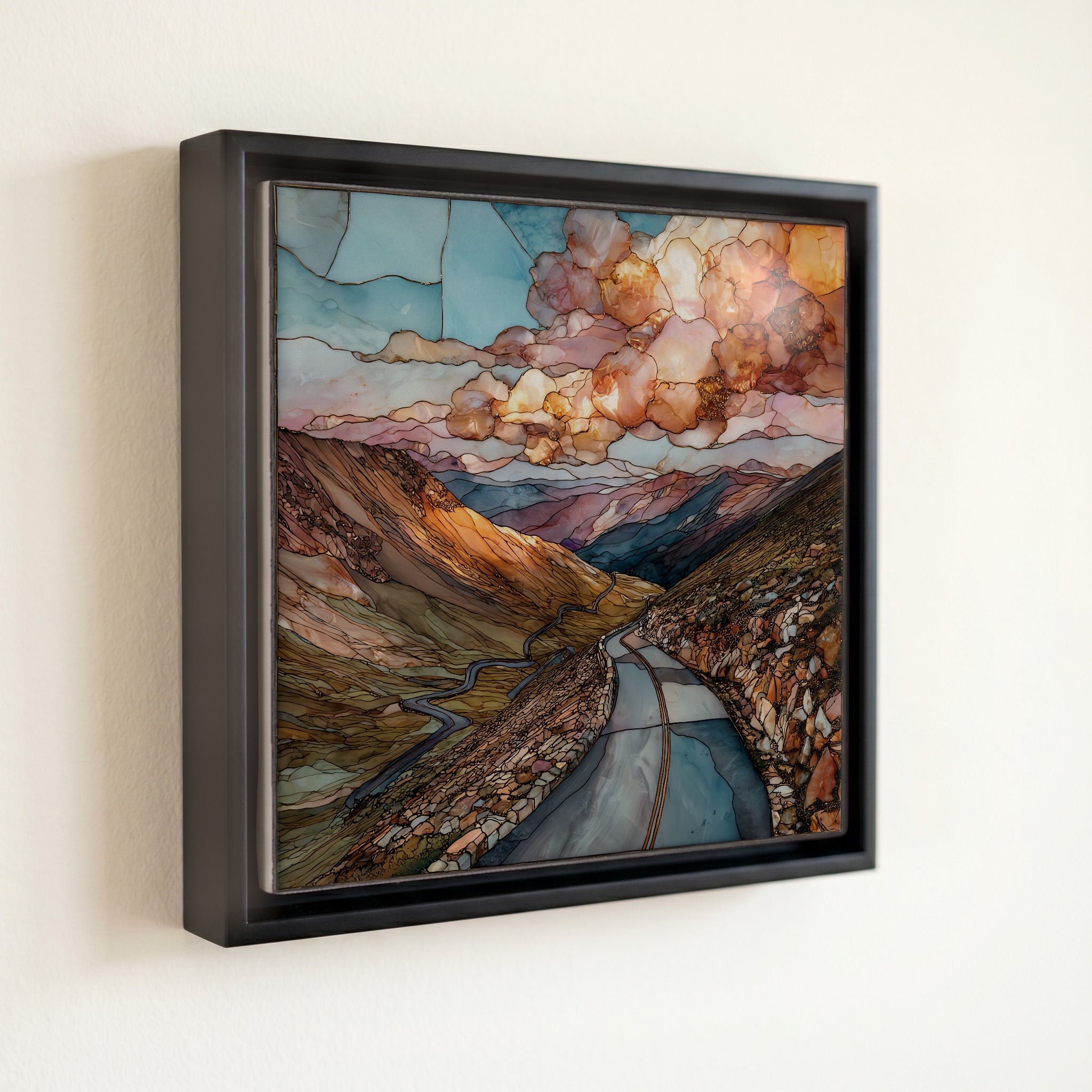 shown in a slim black floating frame · 6 × 6 in