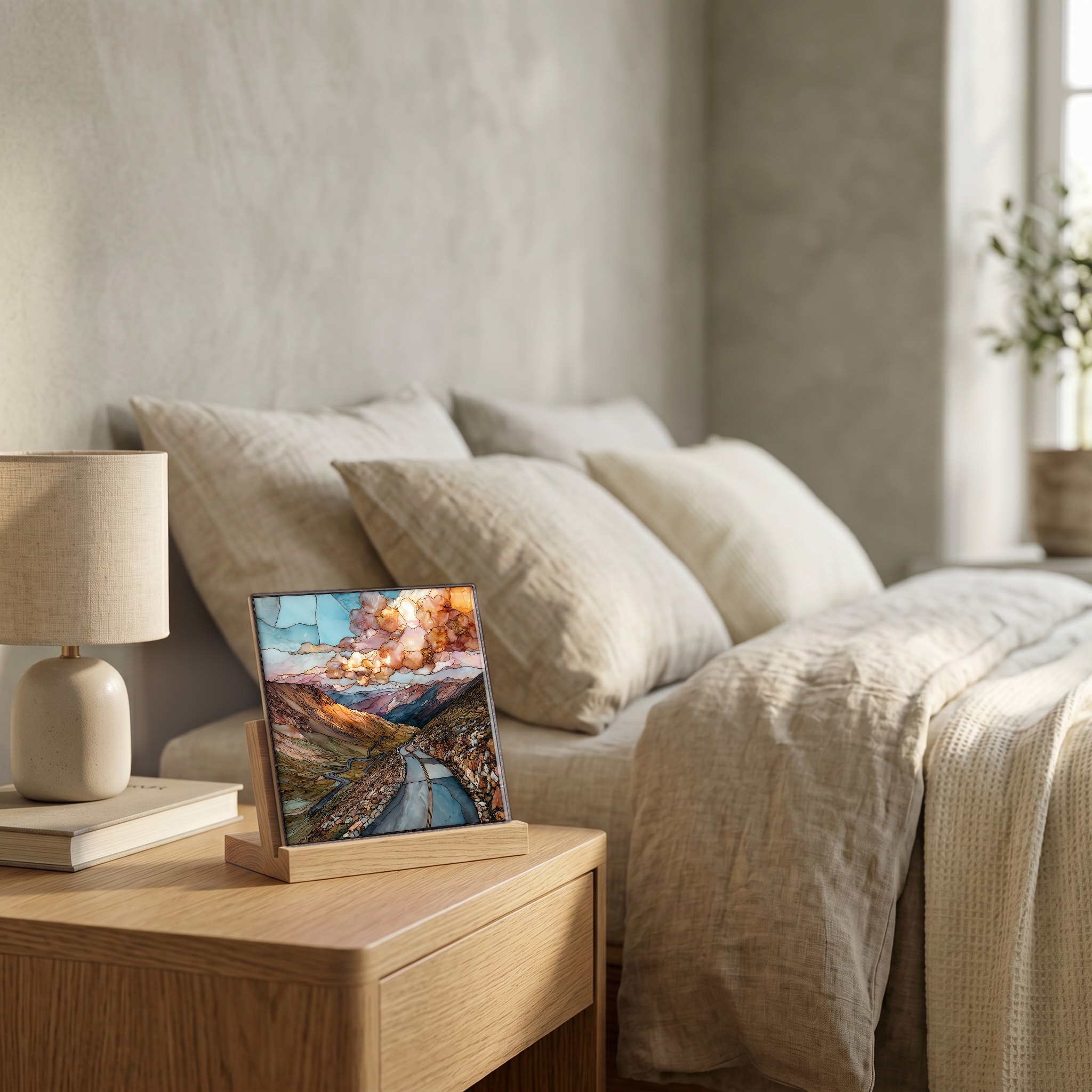 On the nightstand, on a light oak stand.
