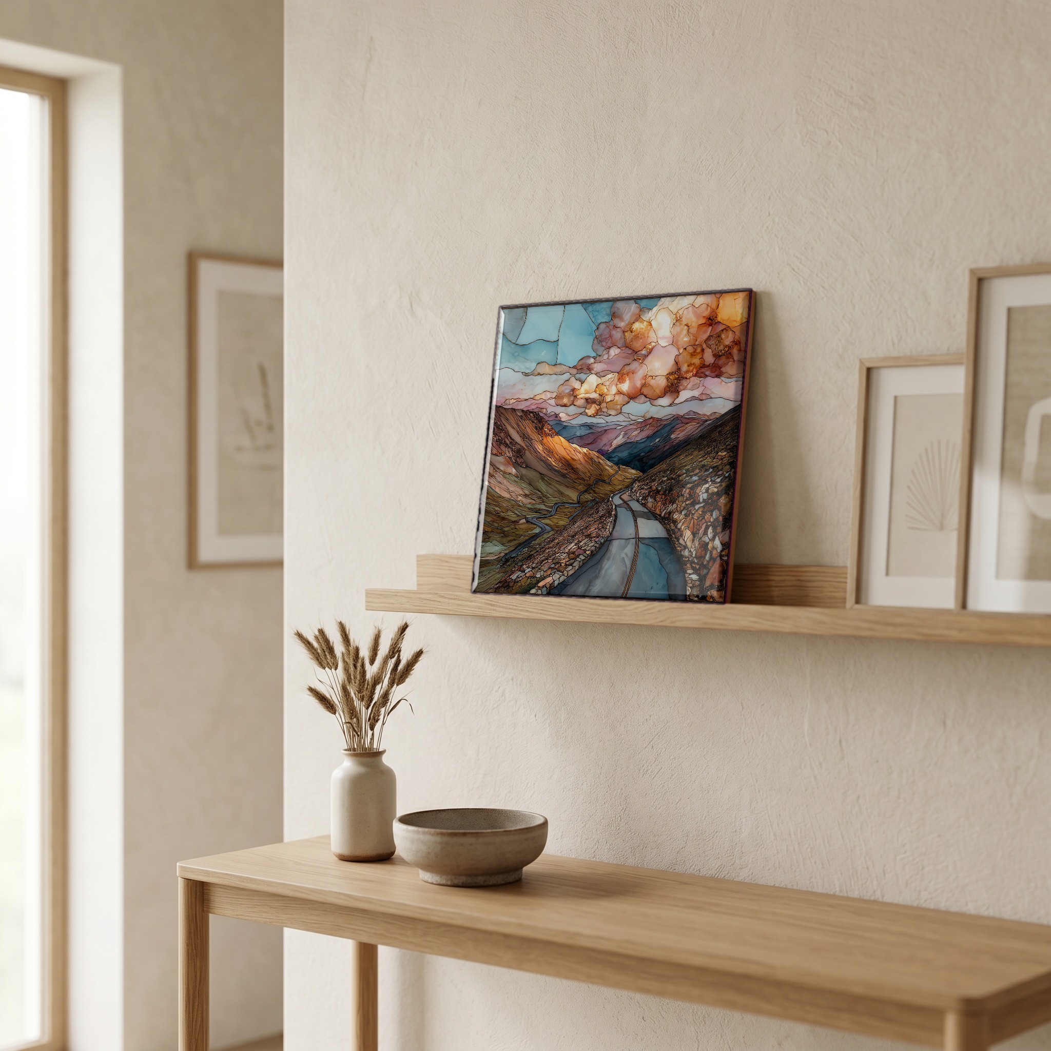 On a picture ledge, where the light comes in.