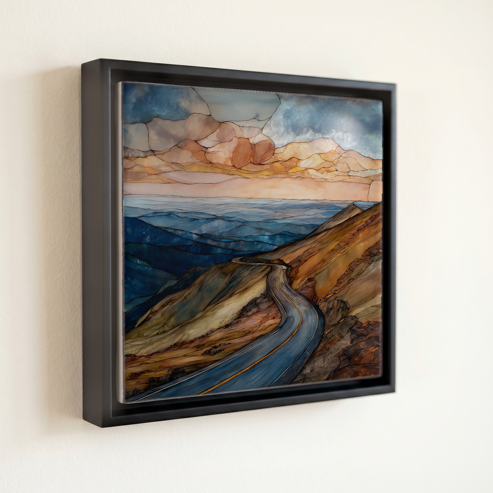 shown in a slim black floating frame · 6 × 6 in