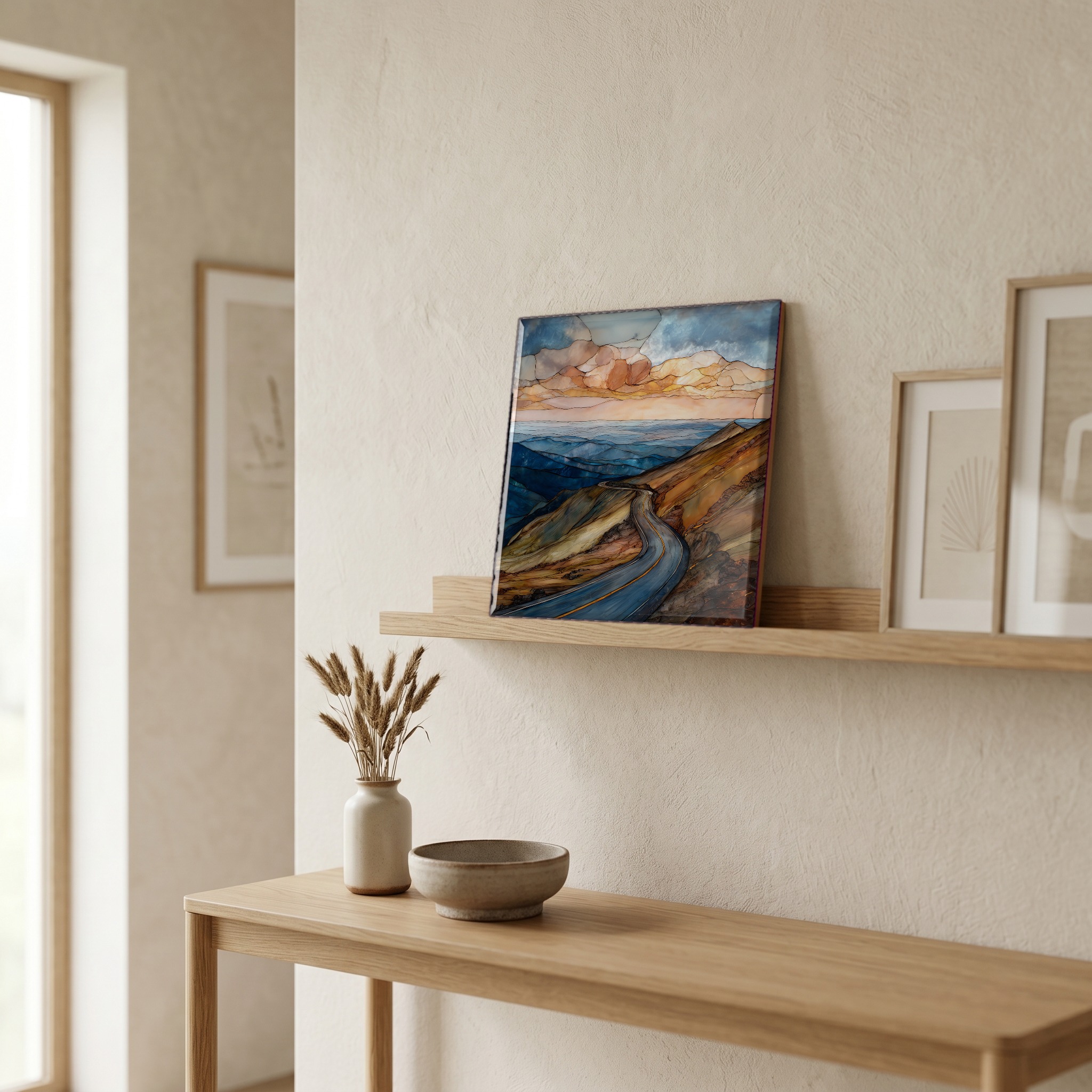 On a picture ledge, where the light comes in.