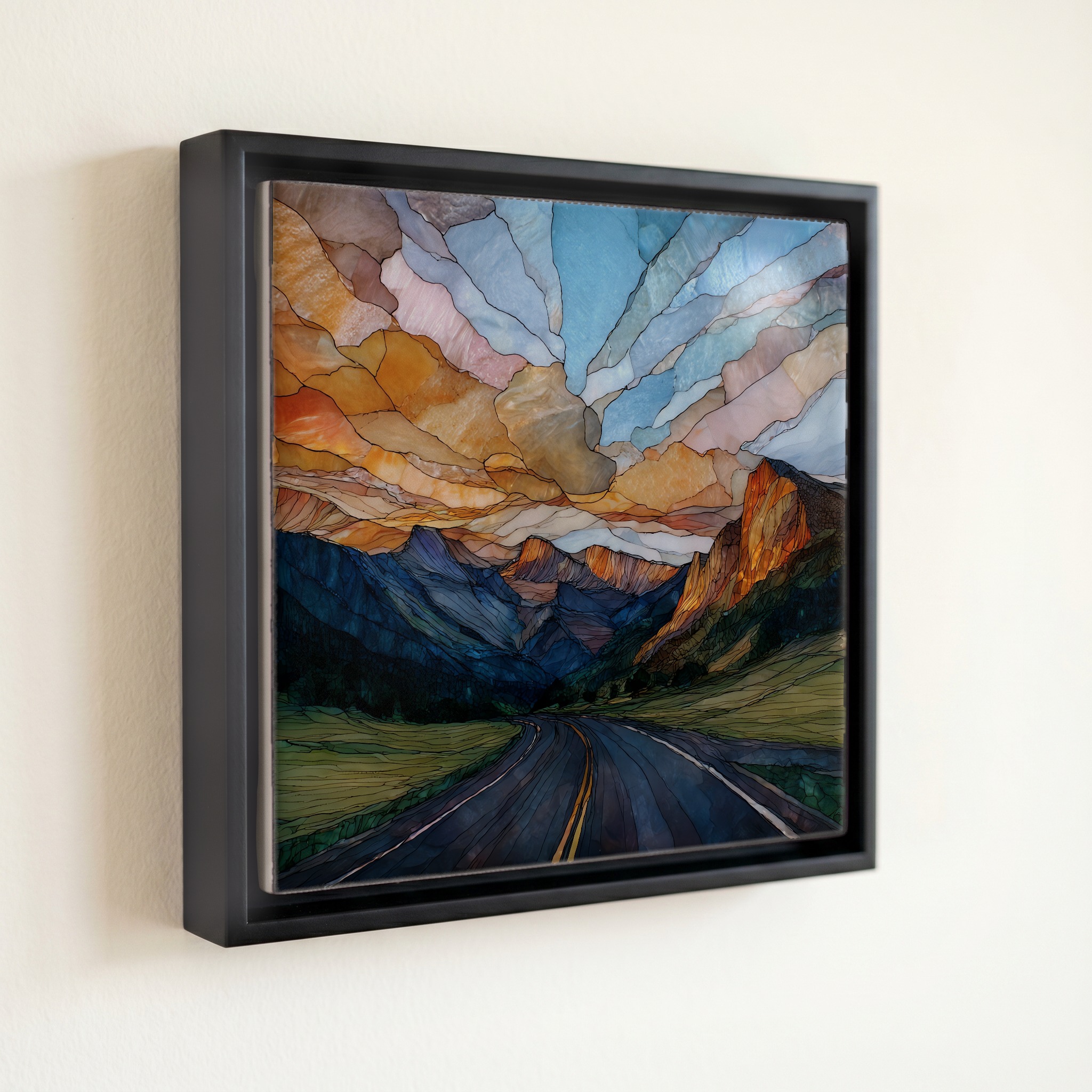 shown in a slim black floating frame · 6 × 6 in