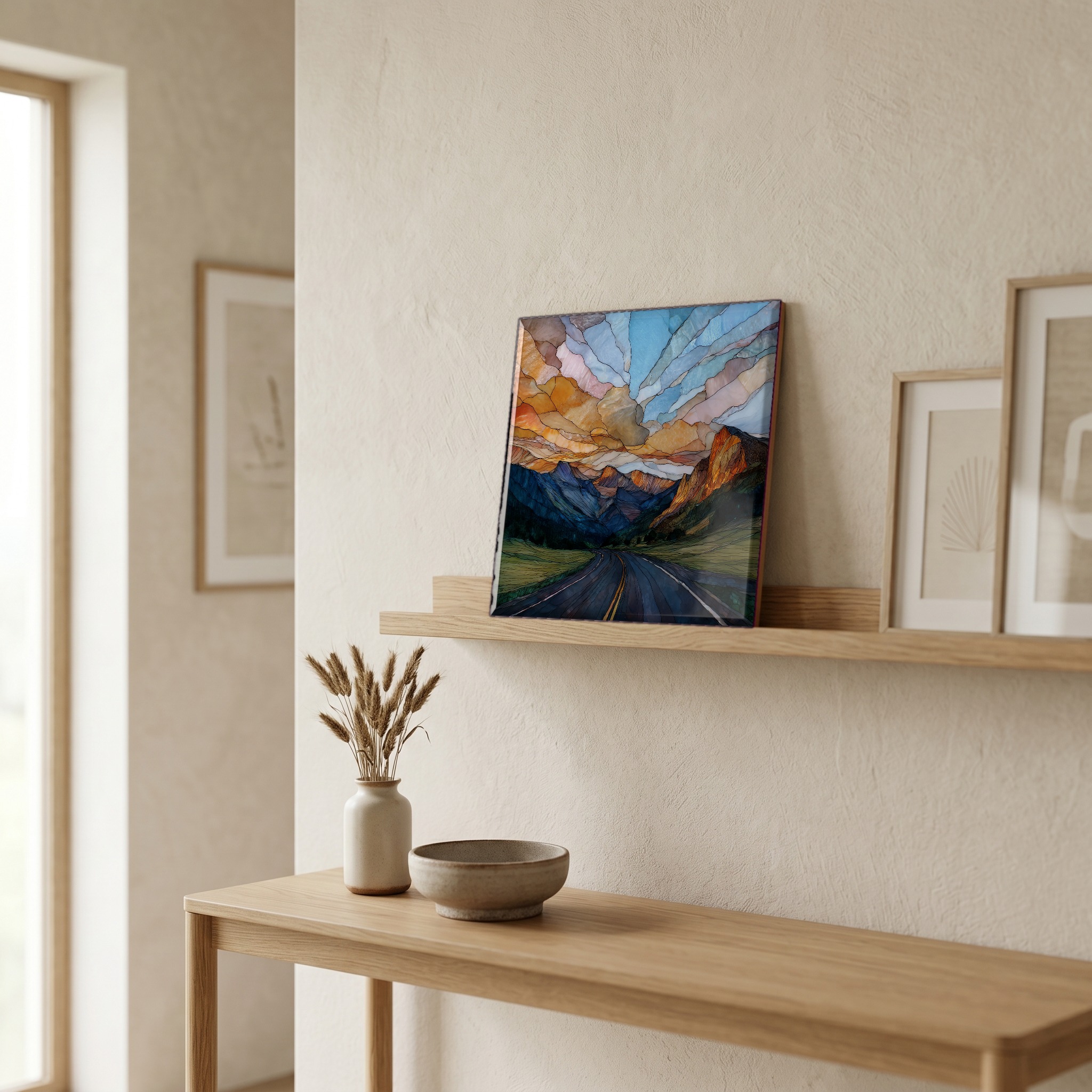 On a picture ledge, where the light comes in.