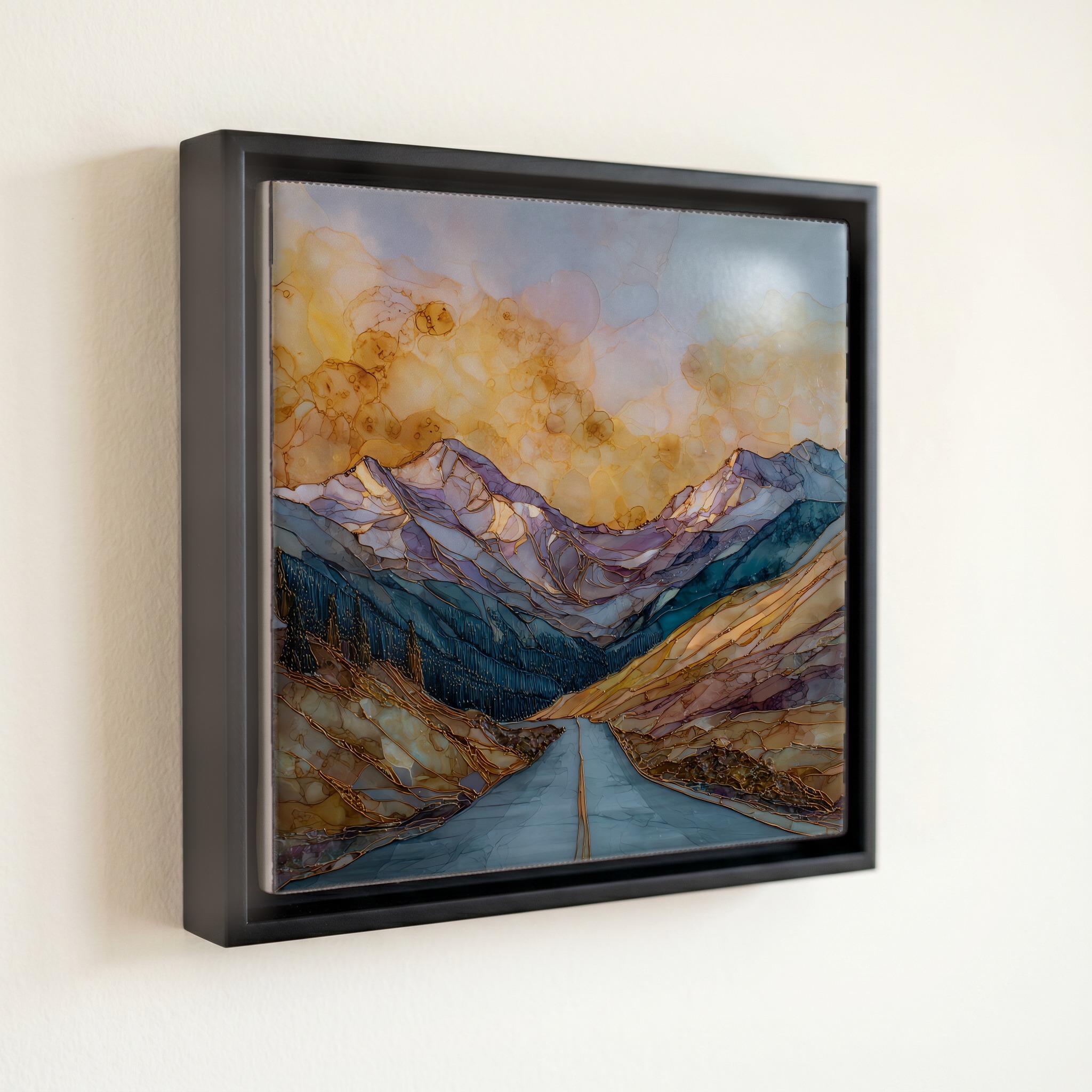 shown in a slim black floating frame · 6 × 6 in