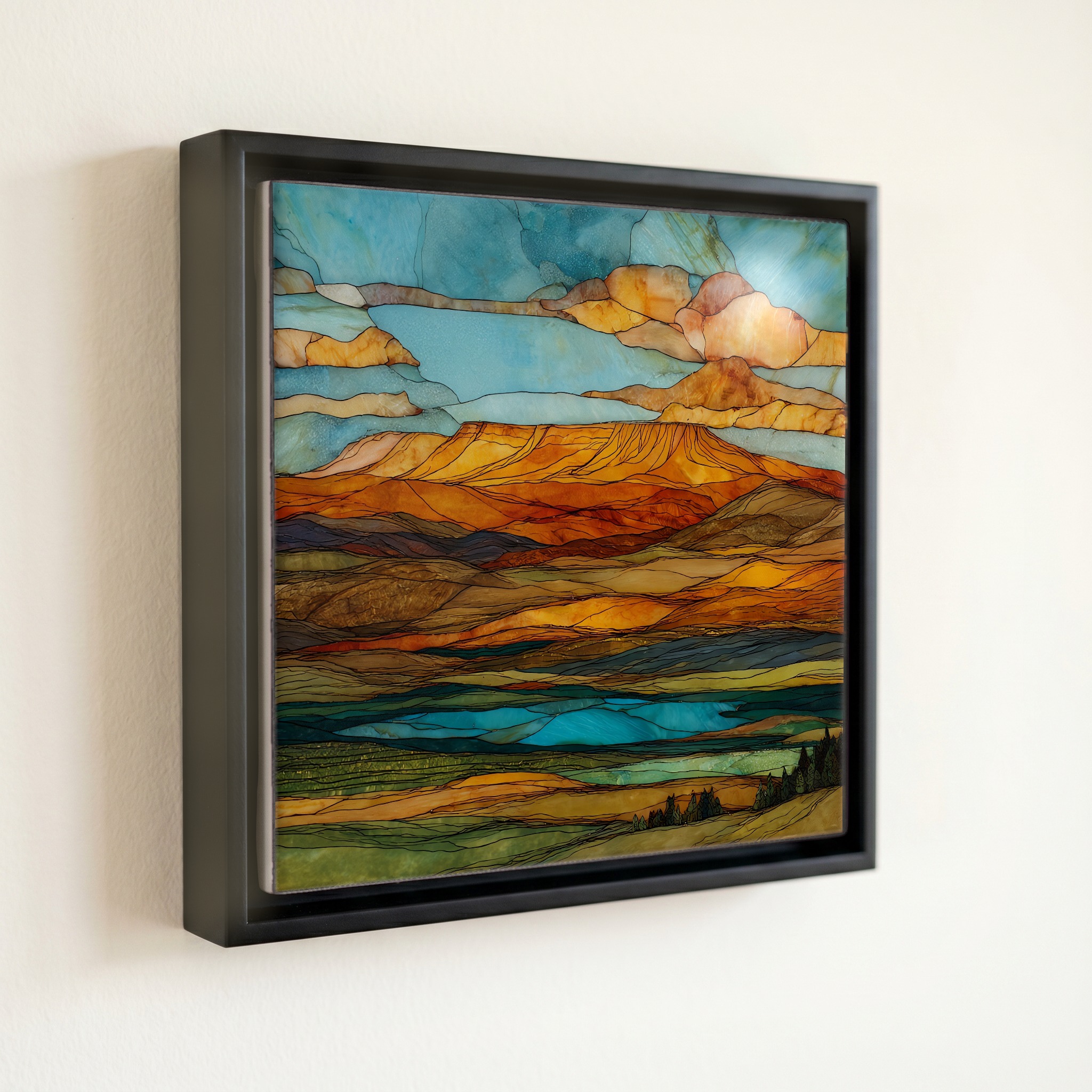 shown in a slim black floating frame · 6 × 6 in