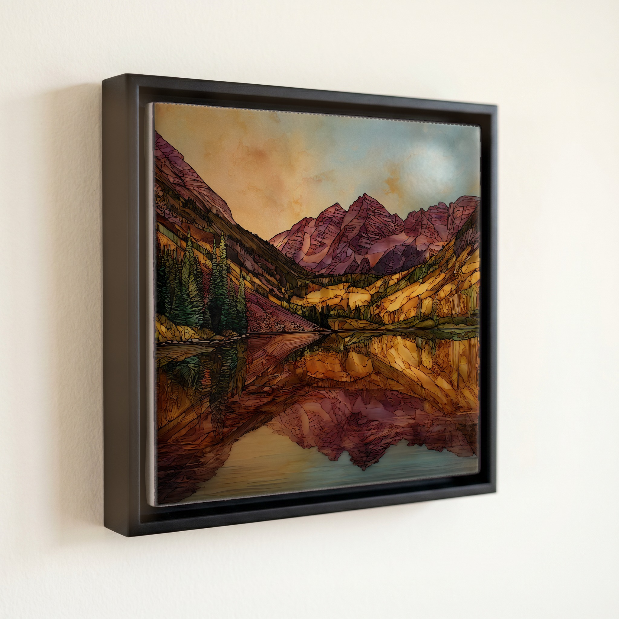 shown in a slim black floating frame · 6 × 6 in