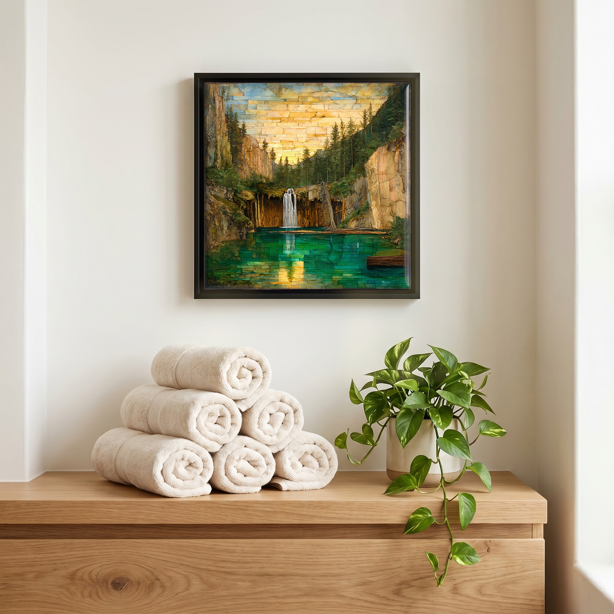 Above the linens, in a slim black surround.