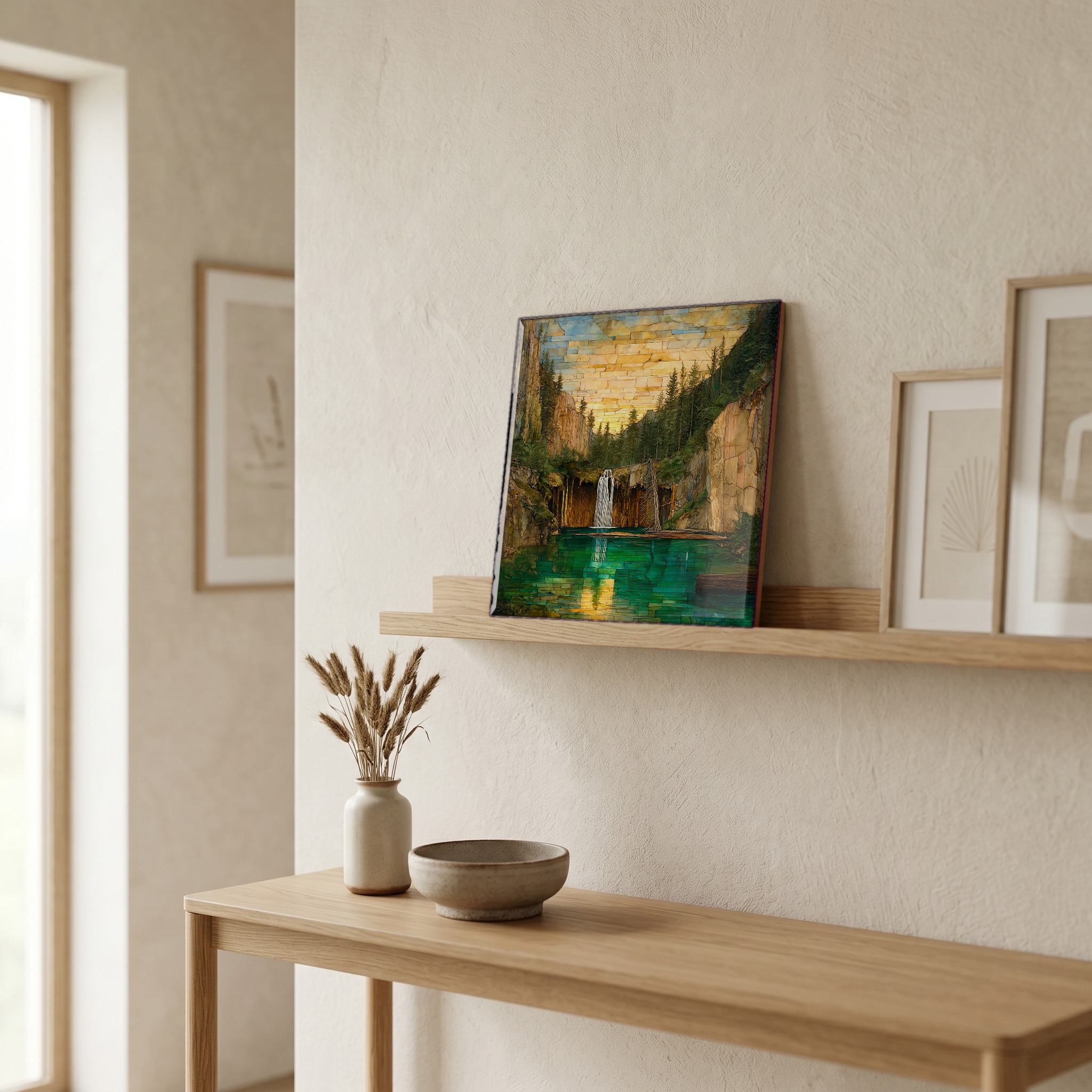 On a picture ledge, where the light comes in.
