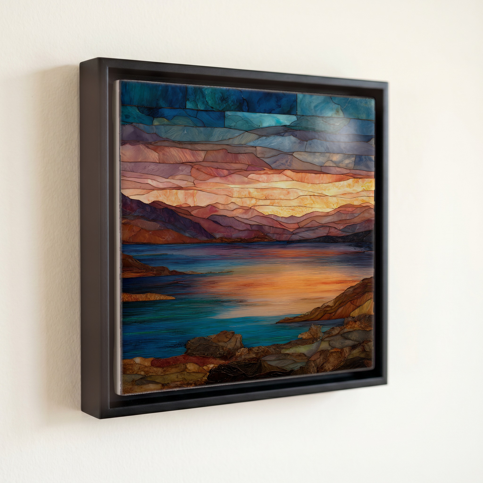 shown in a slim black floating frame · 6 × 6 in