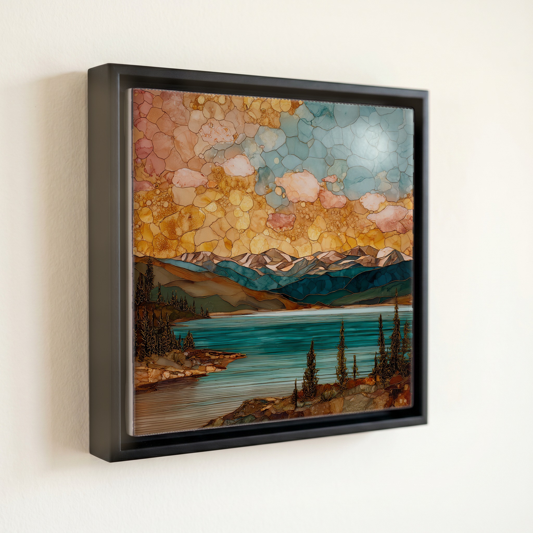 shown in a slim black floating frame · 6 × 6 in