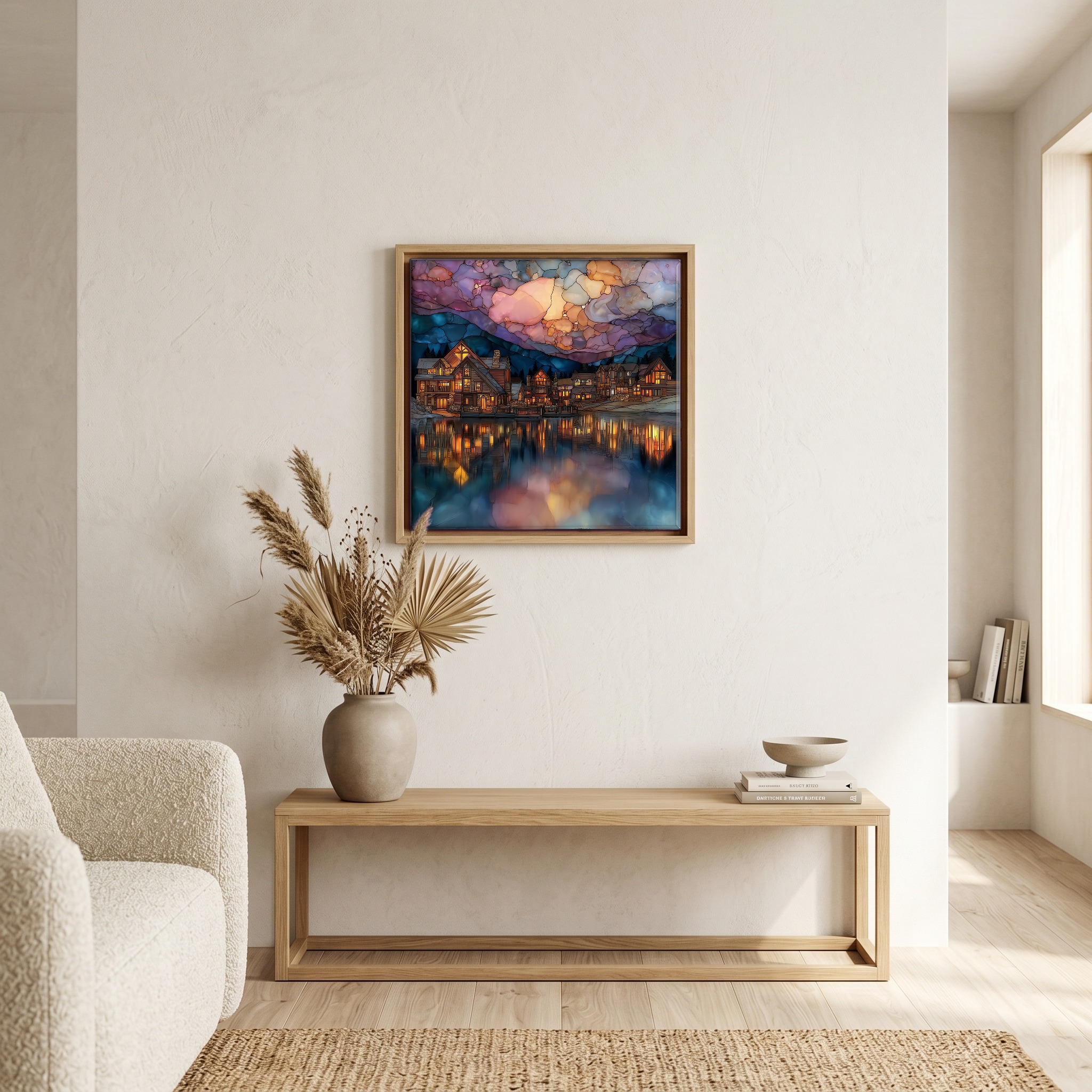 Above the bench, in a warm oak surround.