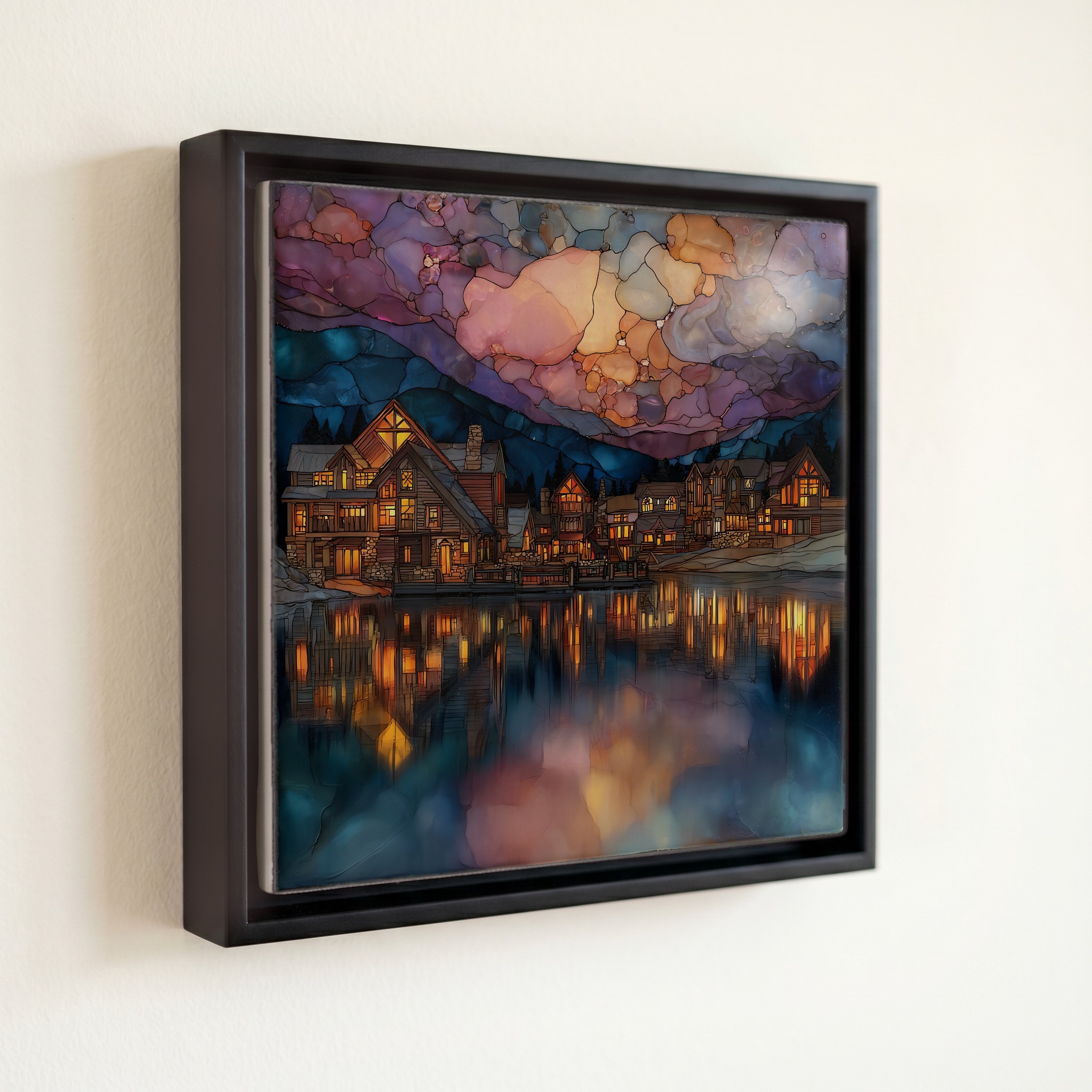 shown in a slim black floating frame · 6 × 6 in
