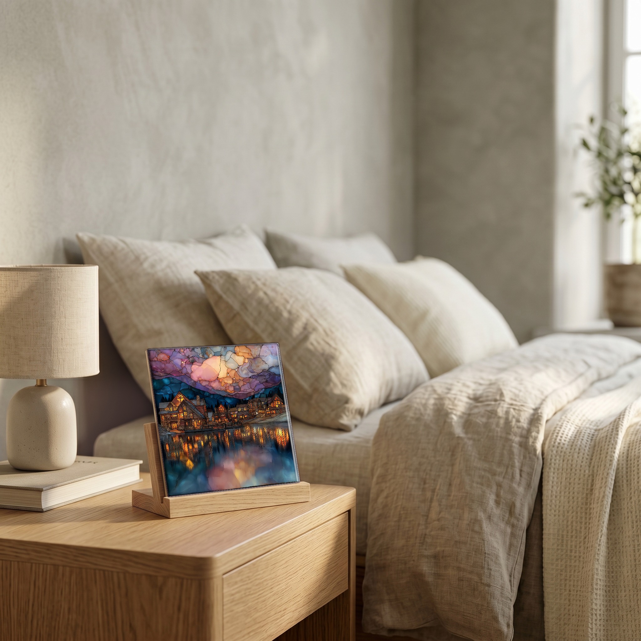 On the nightstand, on a light oak stand.
