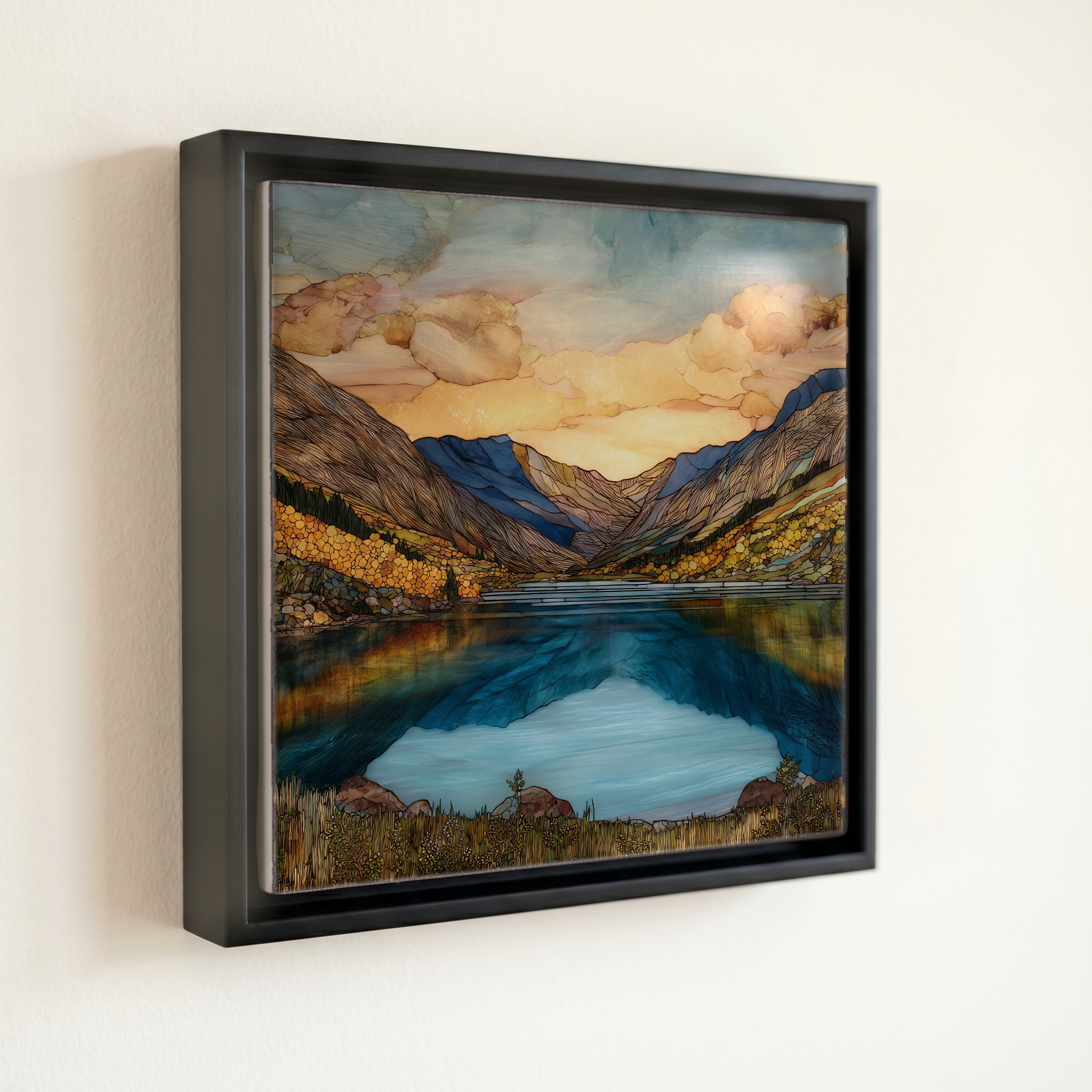 shown in a slim black floating frame · 6 × 6 in