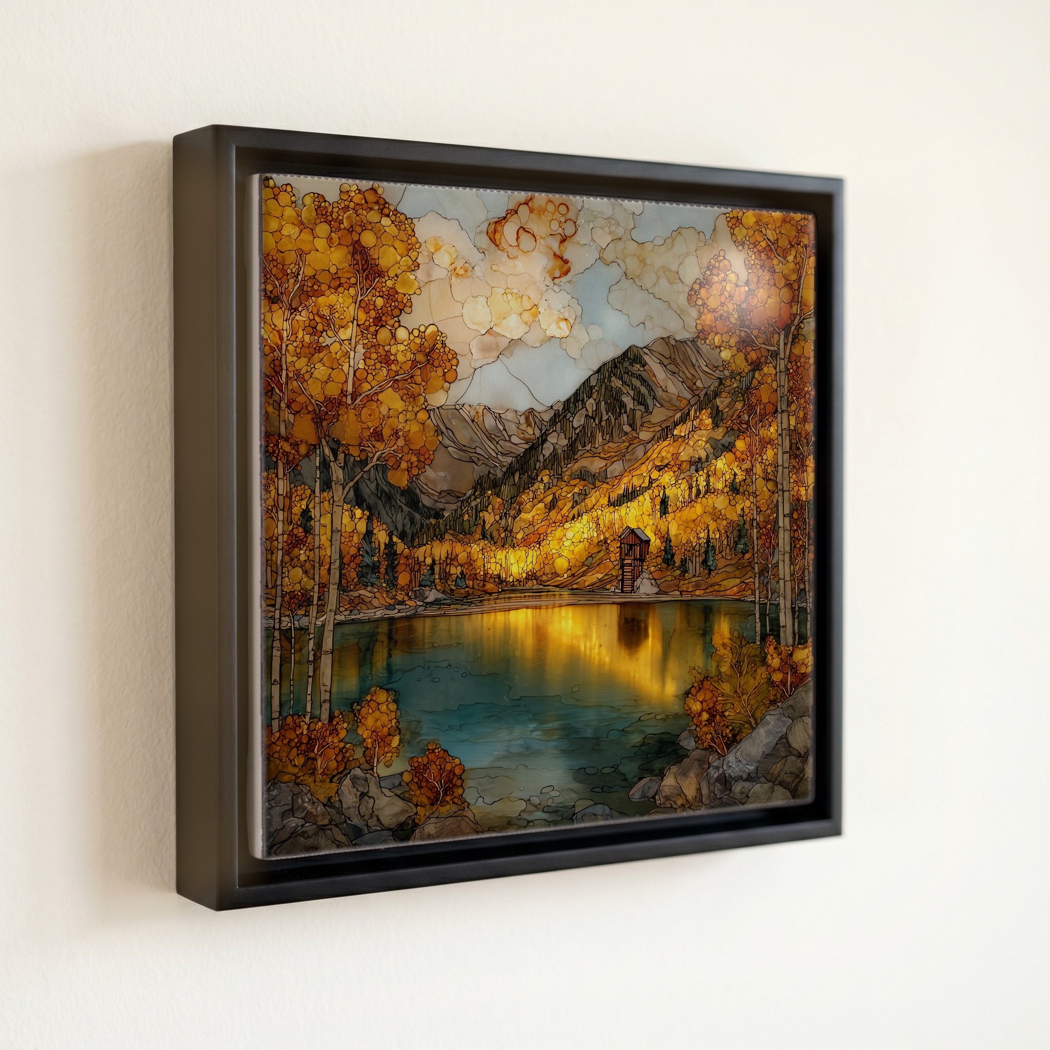 shown in a slim black floating frame · 6 × 6 in