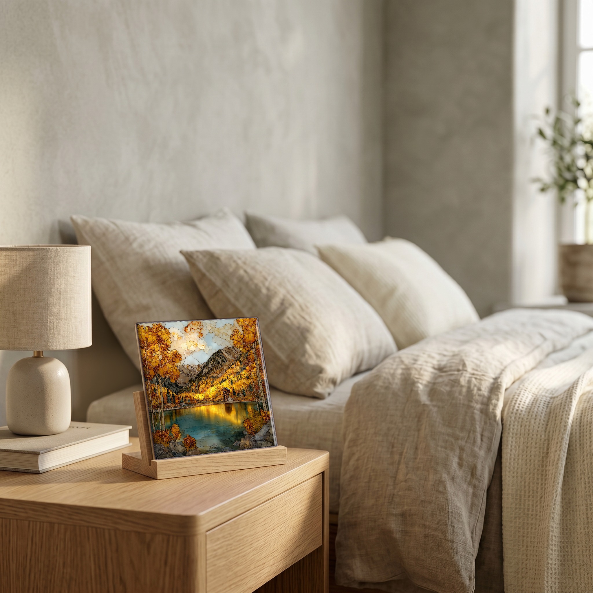 On the nightstand, on a light oak stand.