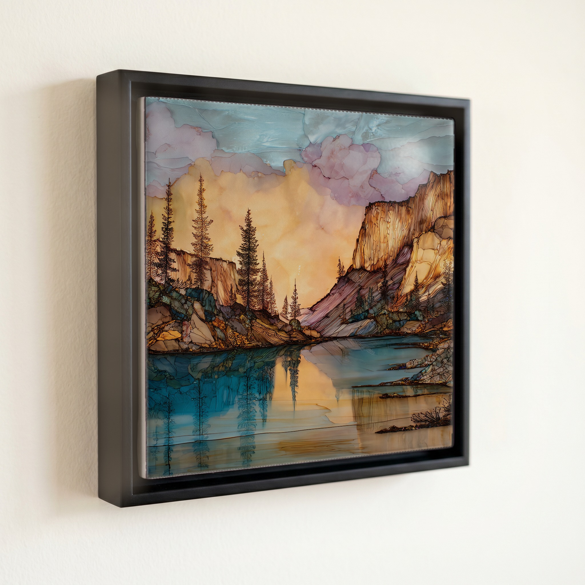 shown in a slim black floating frame · 6 × 6 in