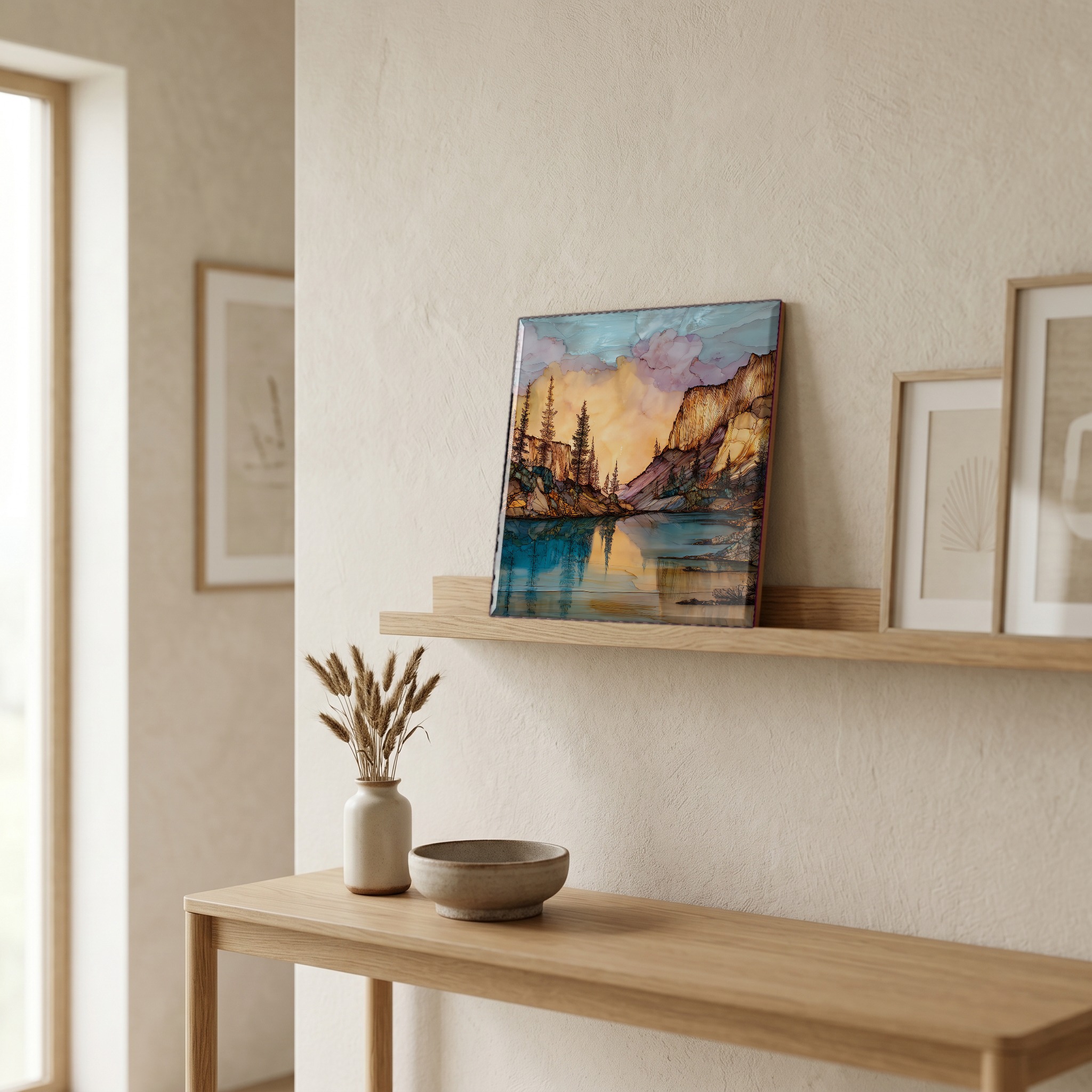 On a picture ledge, where the light comes in.