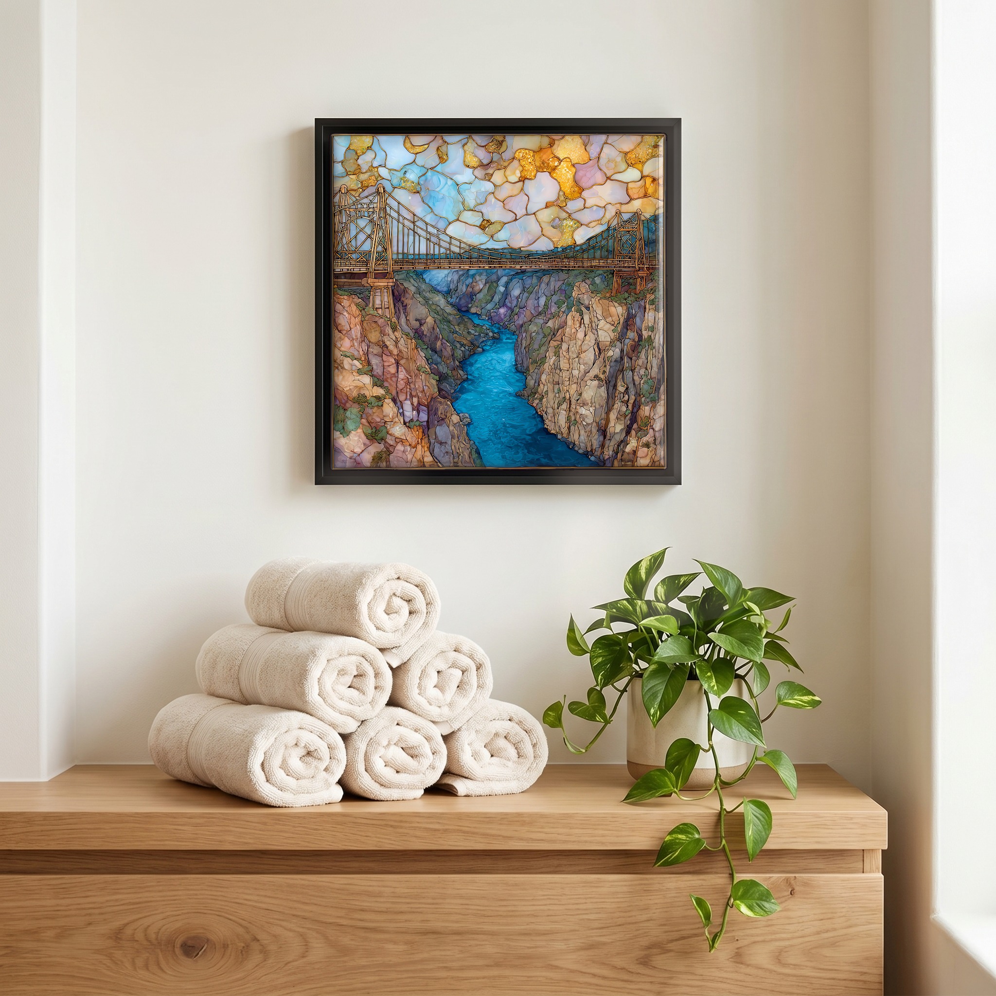 Above the linens, in a slim black surround.