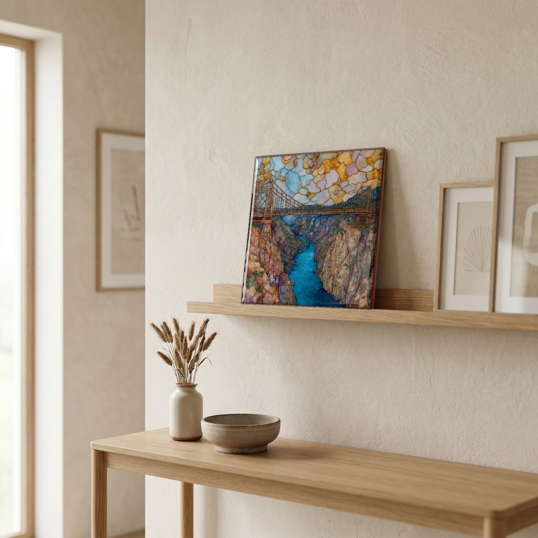 On a picture ledge, where the light comes in.