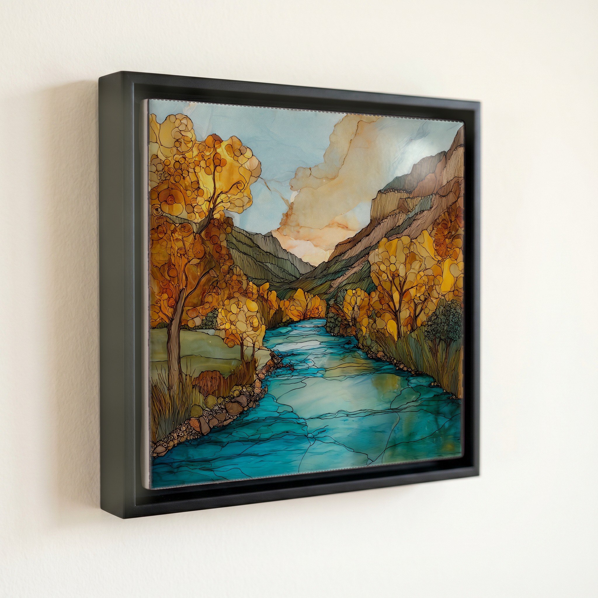 shown in a slim black floating frame · 6 × 6 in