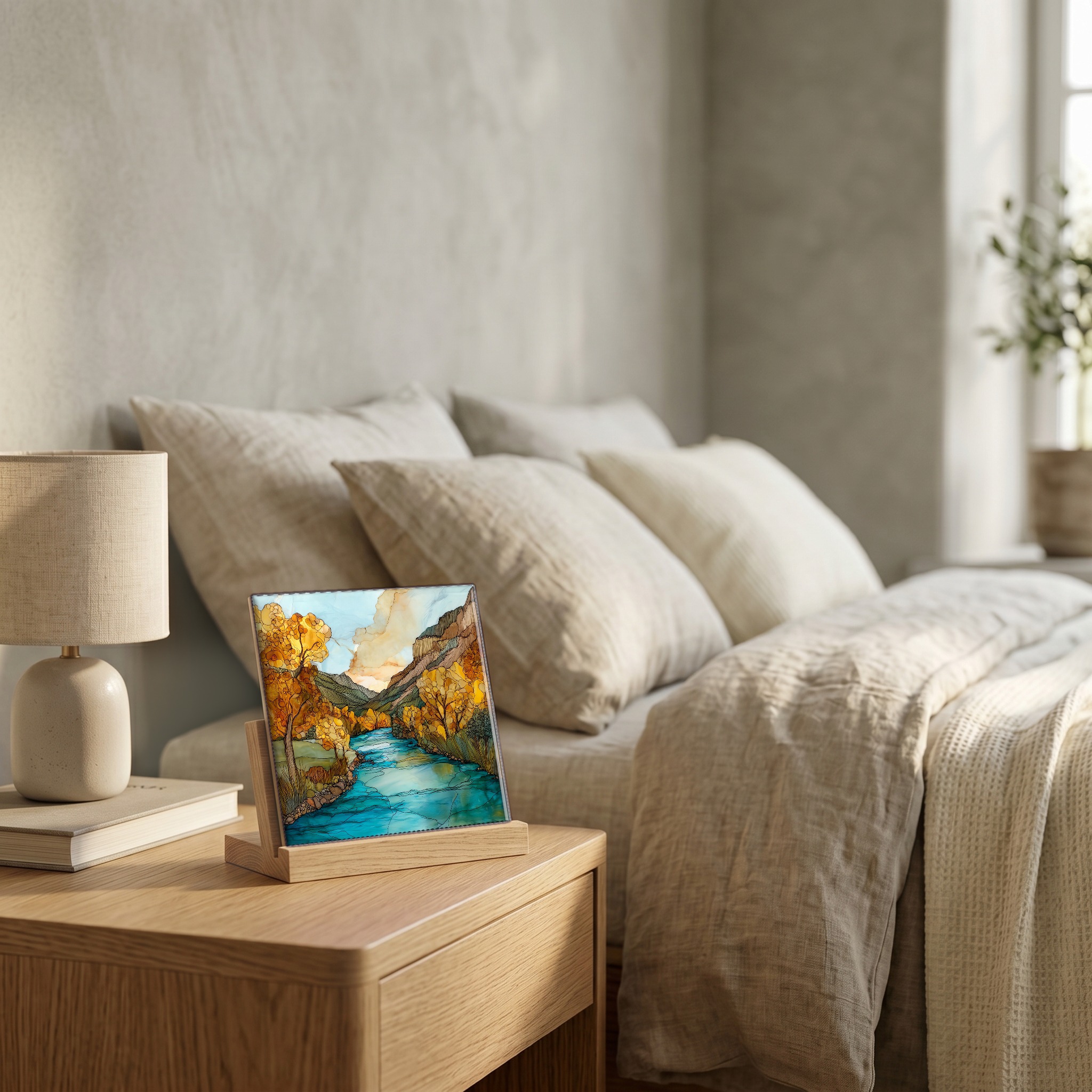 On the nightstand, on a light oak stand.