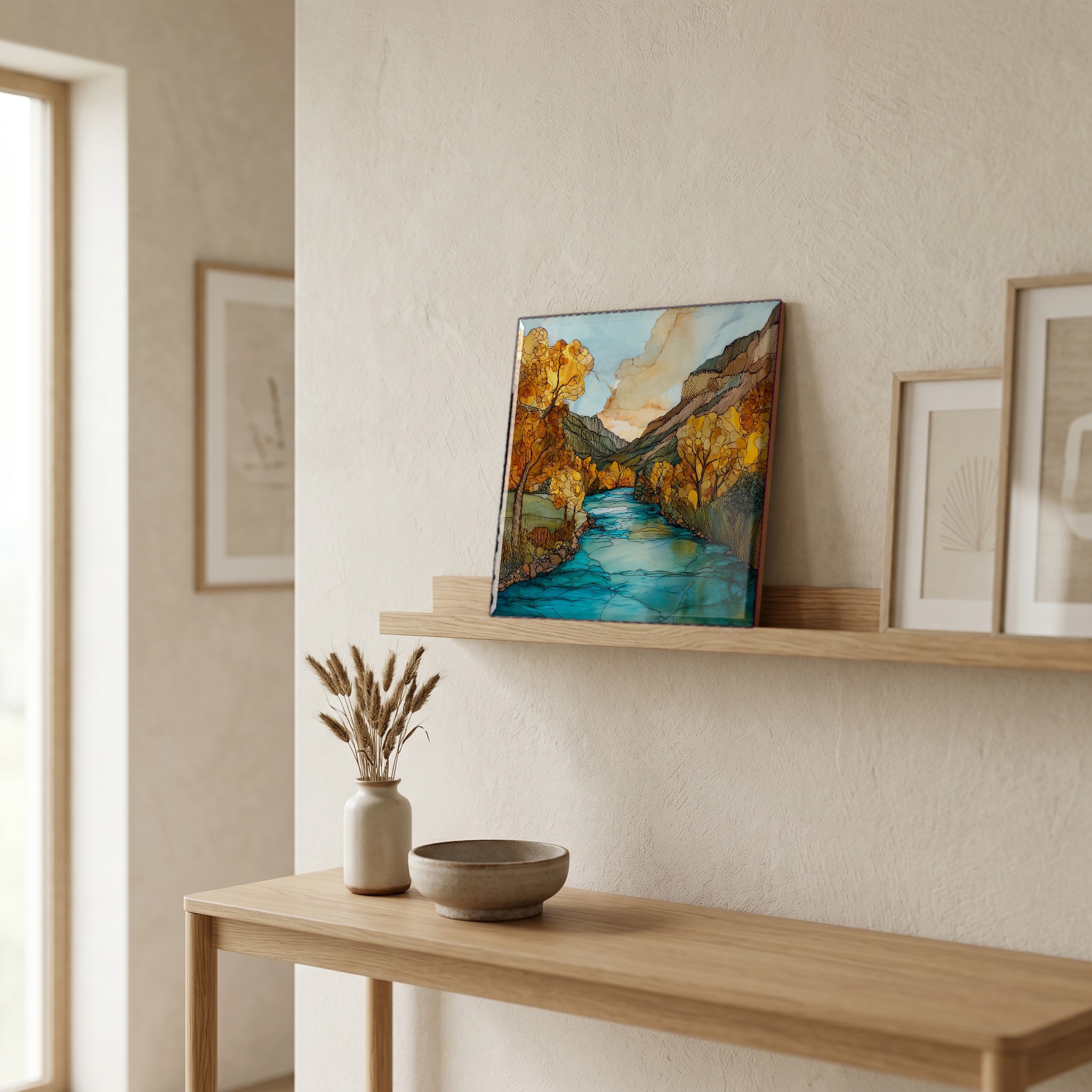 On a picture ledge, where the light comes in.