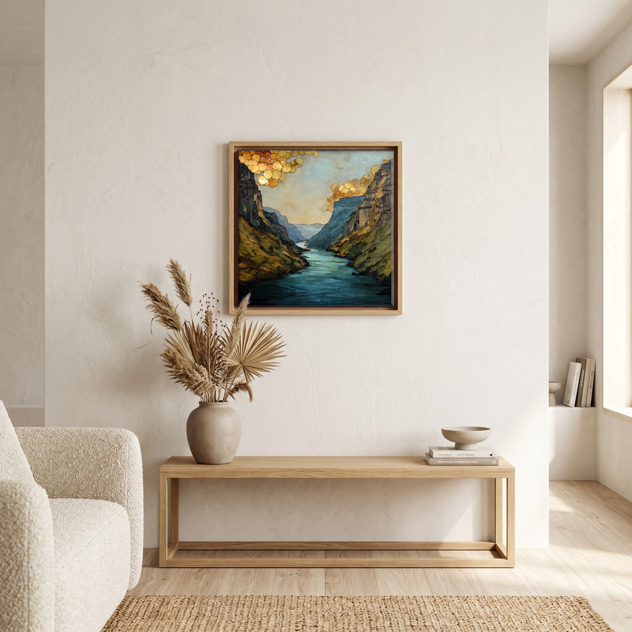 Above the bench, in a warm oak surround.