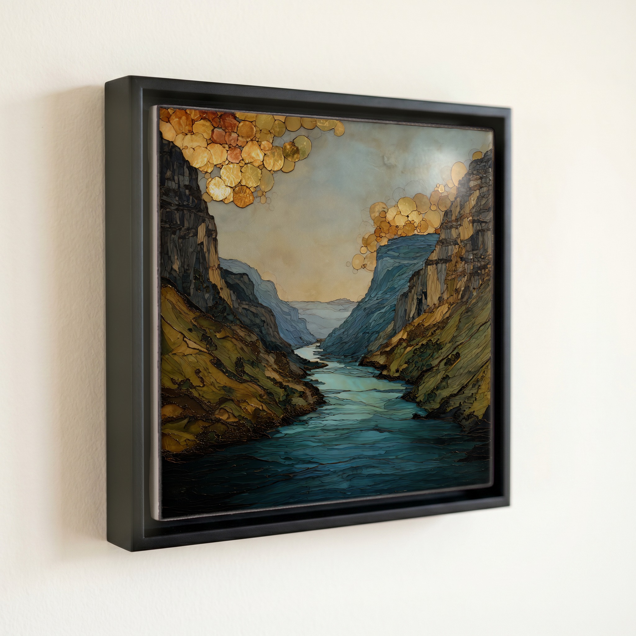 shown in a slim black floating frame · 6 × 6 in
