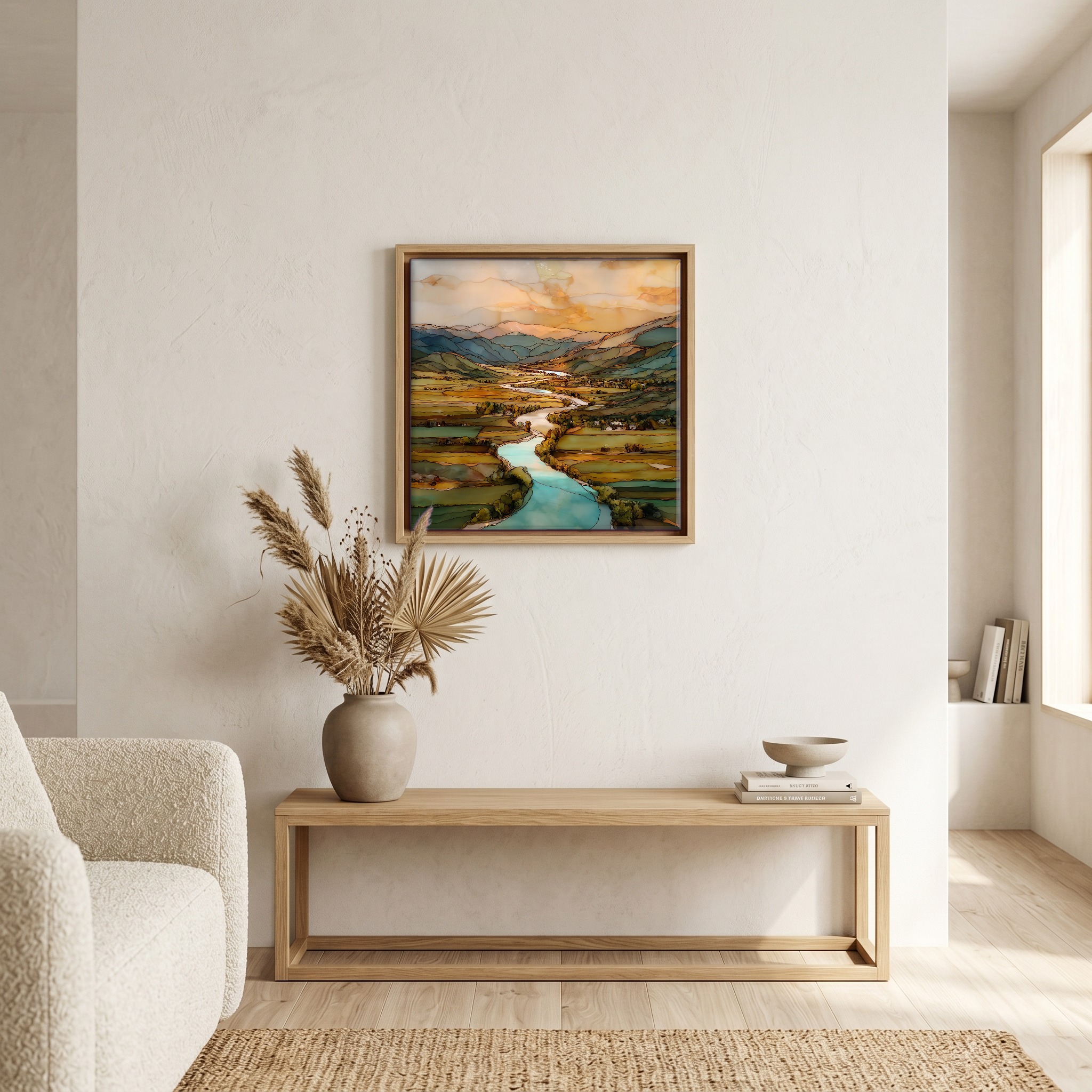 Above the bench, in a warm oak surround.