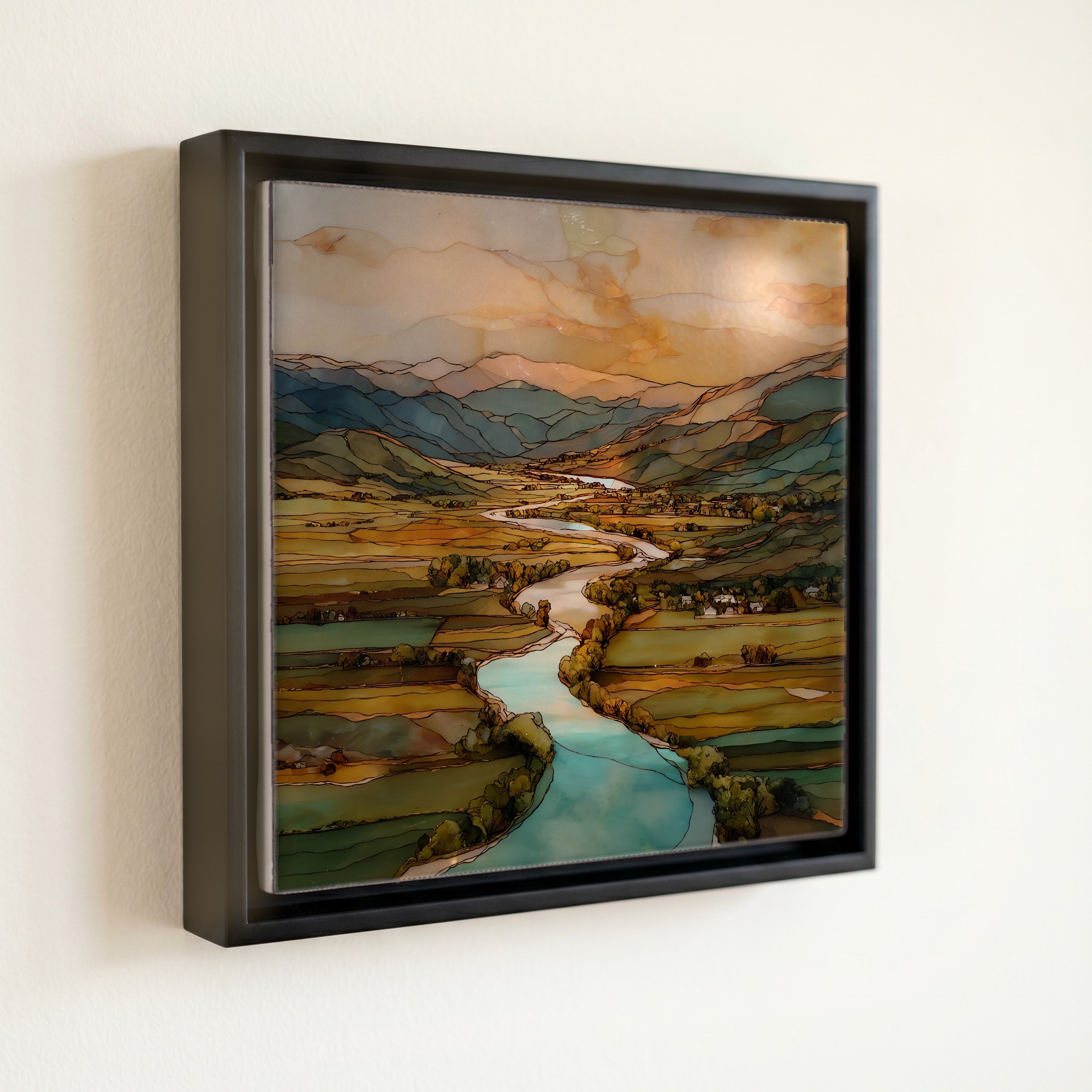 shown in a slim black floating frame · 6 × 6 in