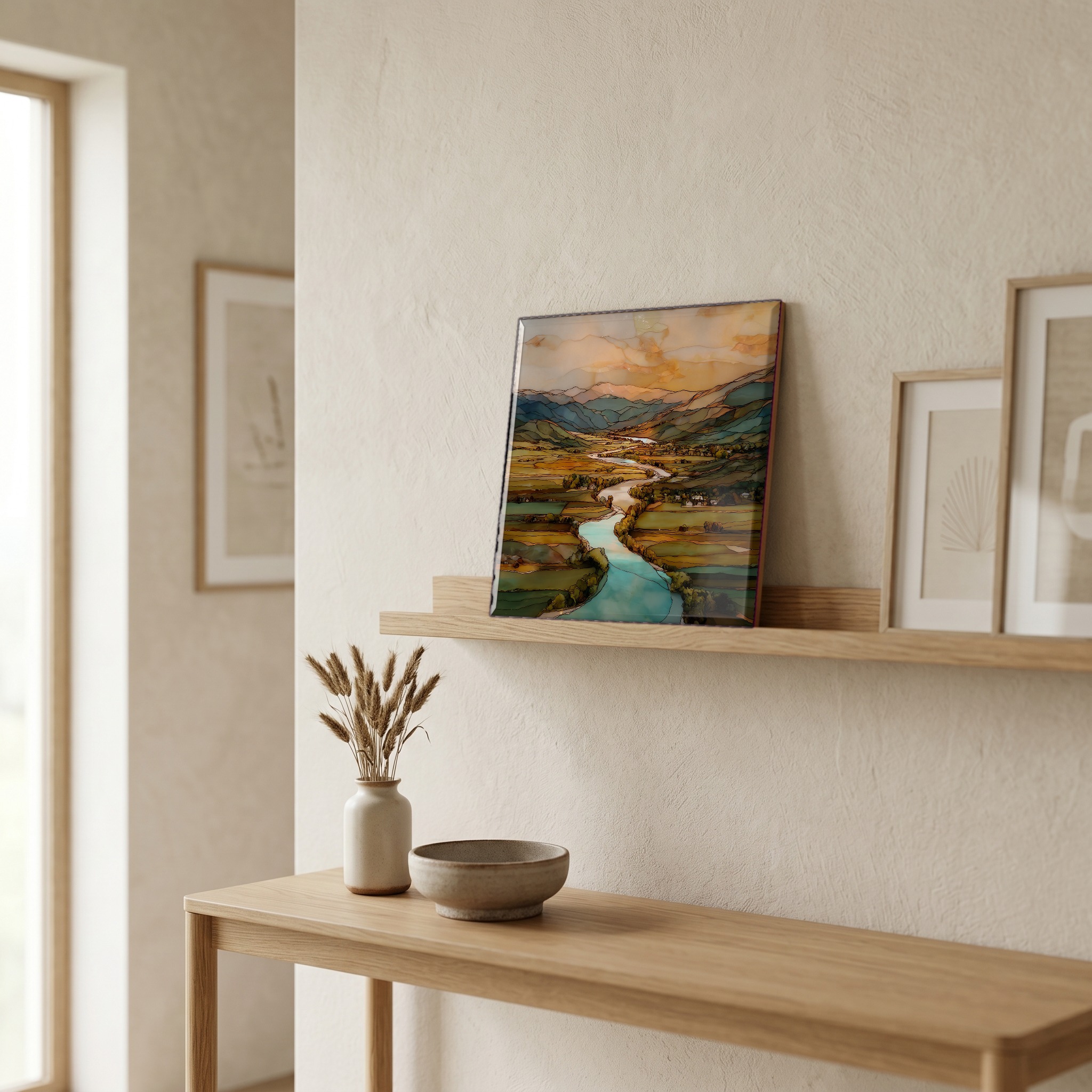 On a picture ledge, where the light comes in.